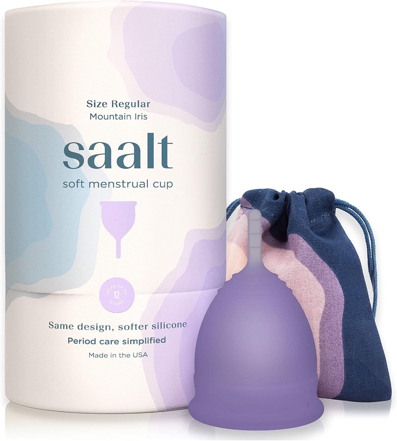 Saalt Soft Menstrual Cup, Reusable Period Cup with Carry Bag | Comfortable Reusable Menstrual Cup with Leak-Free Protection Up to 12 Hours, BPA and Latex Free, Regular, Mountain Iris