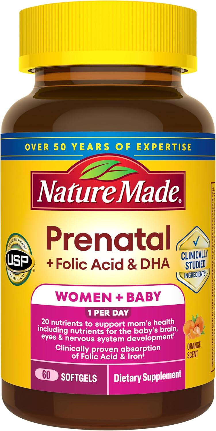 Nature Made Prenatal Vitamins for Women with Folic Acid + DHA, 60 Softgels | Prenatal Vitamin and Mineral Supplement for Daily Nutritional Support, With Folic Acid and 19 Other Nutrients, 60 Day Supply