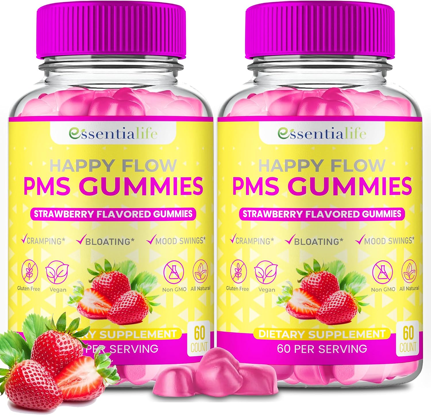 PMS Gummies – Happy Flow PMS Support Supplement for Women – Strawberry PMS Relief Supplement with Vitamin B6 for Hormone Balance, Period Support, Cramps, Hormonal Acne & Bloating Relief (120 Count)