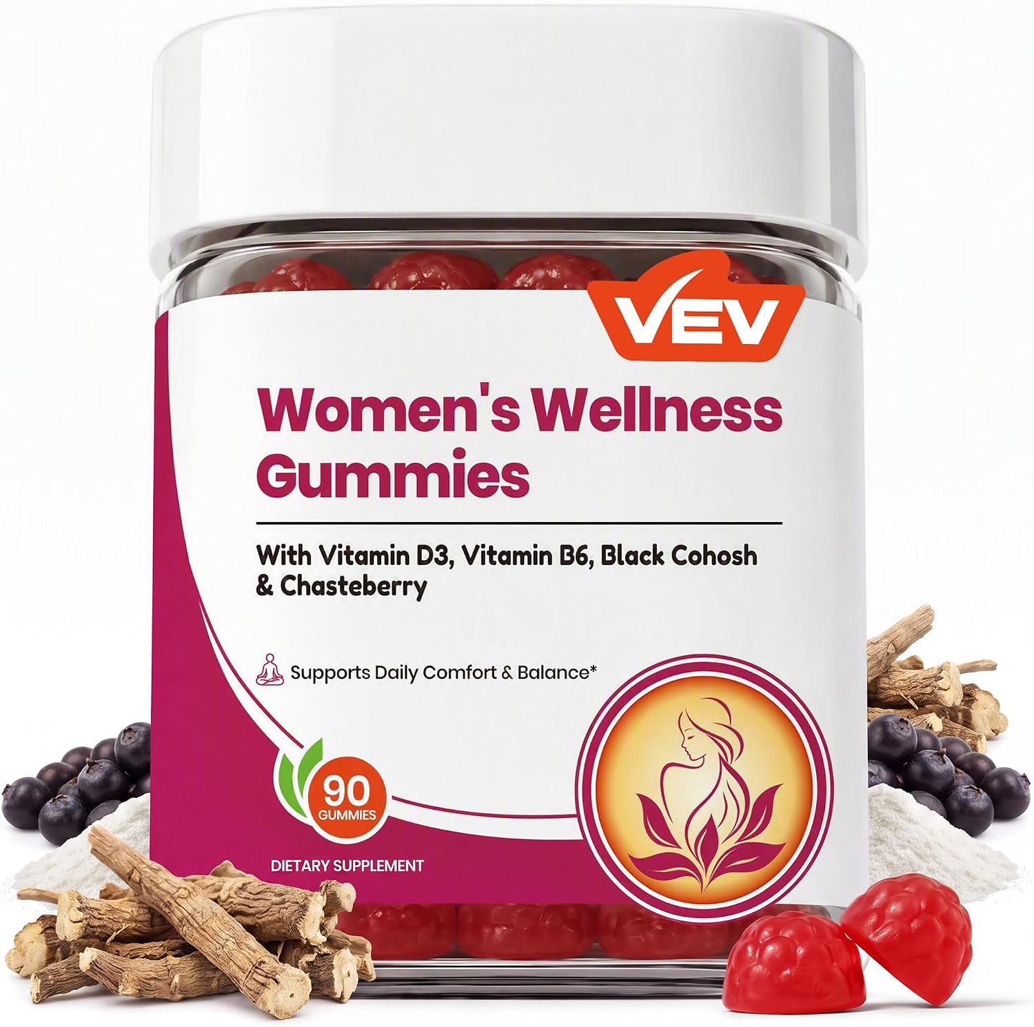 VEV Women’s Wellness Gummies, Black Cohosh, Chasteberry, D3, B6, 90 Count | black cohosh supplements women & vitex chasteberry supplement for women, Vegan Pectin Gummies, 90 Count
