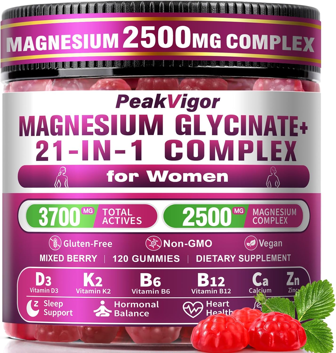 21 in 1 Magnesium Glycinate Gummy for Women, 60-Day Supply | 2500mg Magnesium Complex with D3, K2, B6, B12, L-Theanine & Ashwagandha, Sleep Support, Vegan, Non-GMO,Third-Party Tested