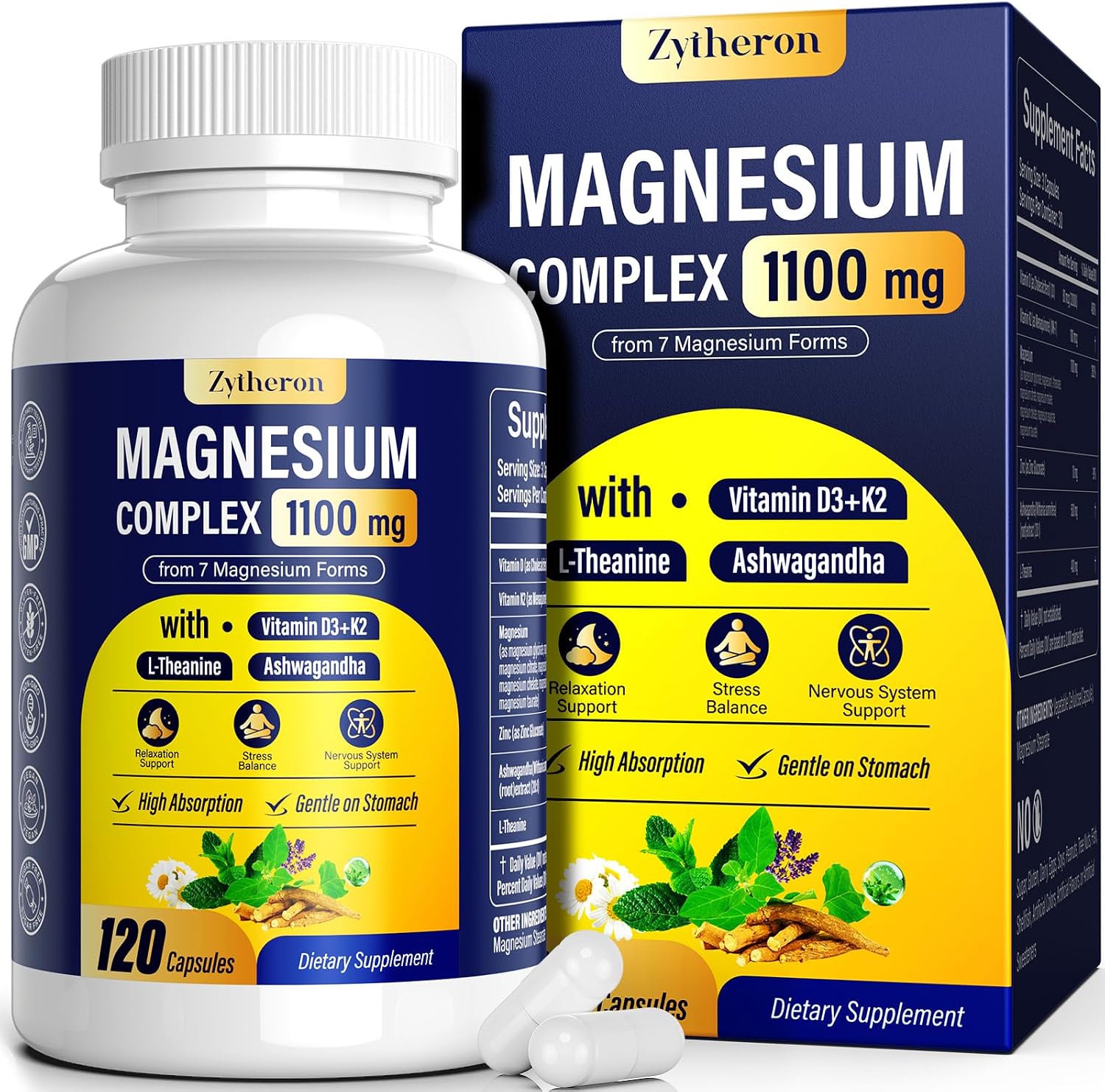 Magnesium Complex for Women & Men 1100mg, 7-in-1 Magnesium Supplement with Ashwagandha & L-Theanine for Calm & Sleep Support, High Absorption, Vegan 120 Capsules