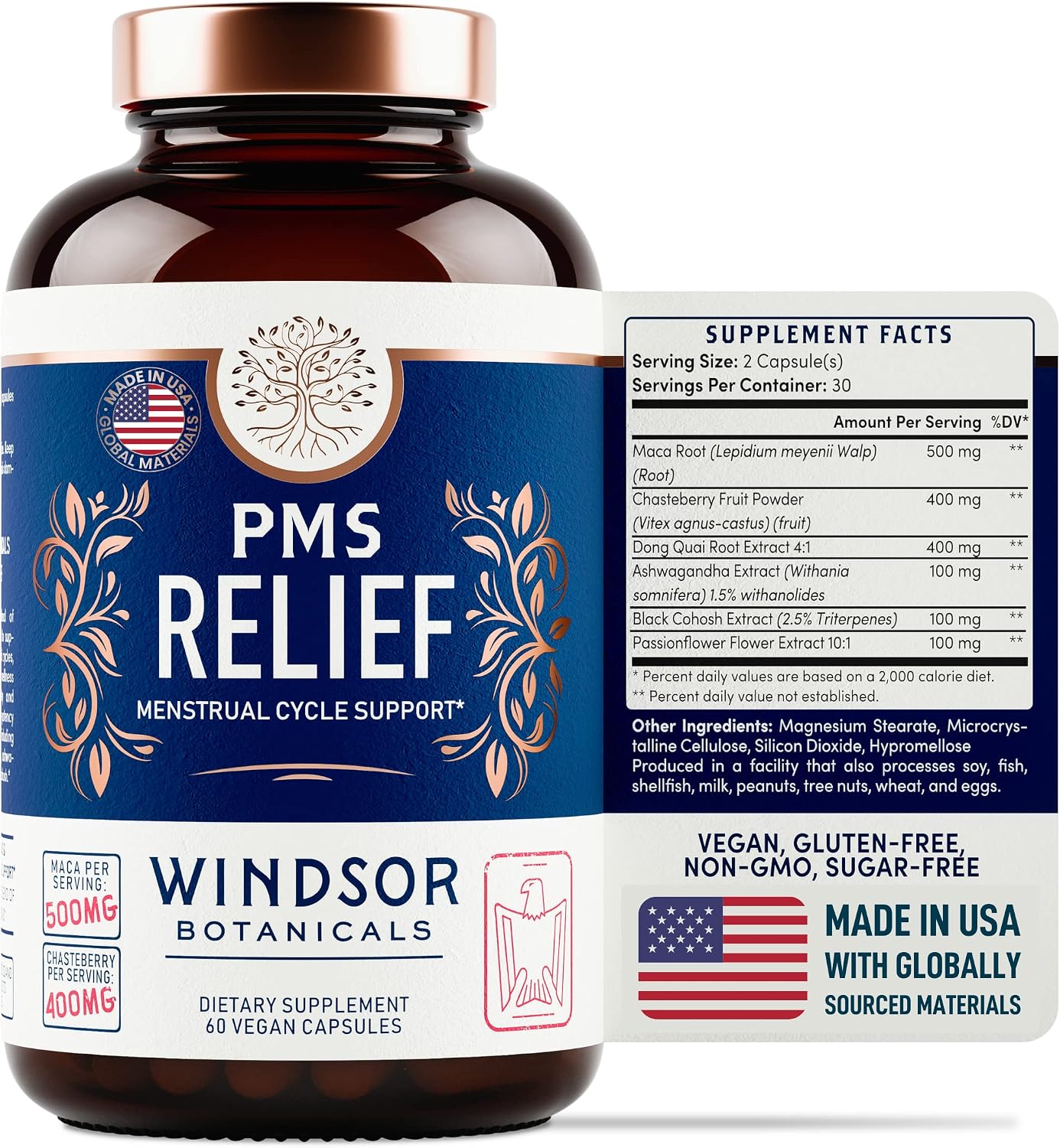 PMS Support Supplement for Women with Chasteberry, Maca Root, Ashwagandha – Period Relief, Bloating Relief for Women, Mood Support, Hormone Balance Herbal Supplements – 30 Day, 60 Vegan Capsules