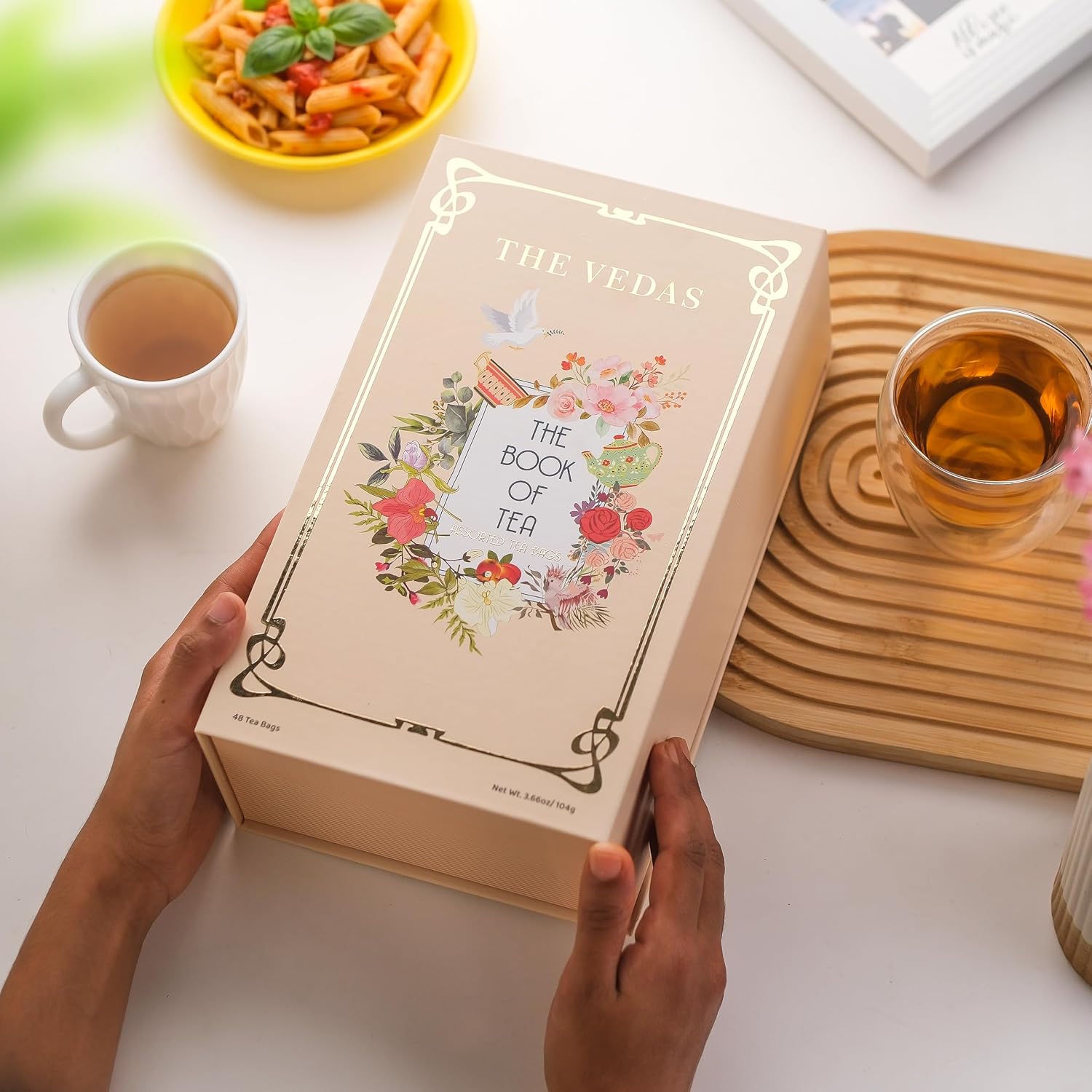 The Vedas Book Of Tea | Assorted Tea Bags Gift Box | 12 Exotic Herbal Tea Blends In Handcrafted Cotton Tea Bags & Pyramid Teabags | 4 Units of Each Variety, Net 48 | Tea Gift Hamper | Tea sampler gift set box | Tea collection | Tea sets for women gift | Tea Gift Sets