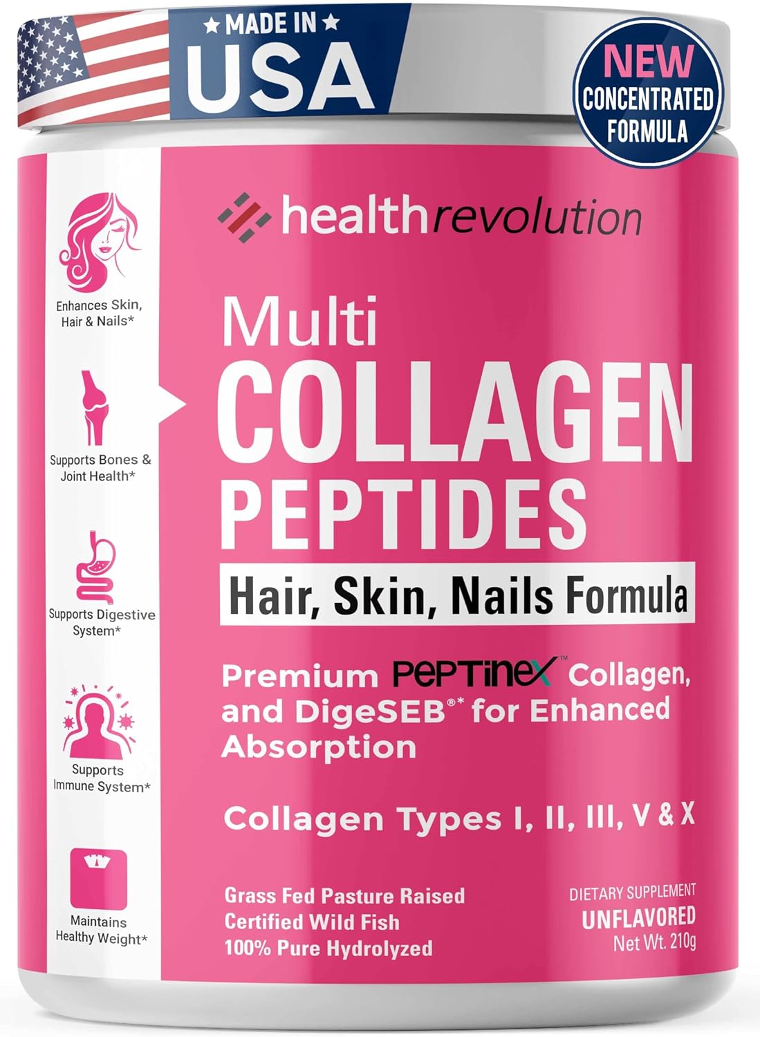 Multi Collagen Peptides Powder – Types I, II, III, V, X, Hydrolyzed Collagen for Women, 99% Absorption, Skin Hair Nails Joints, Triple Refined – No Clumping, Non-GMO, Gluten Free, Grass Fed Unflavored