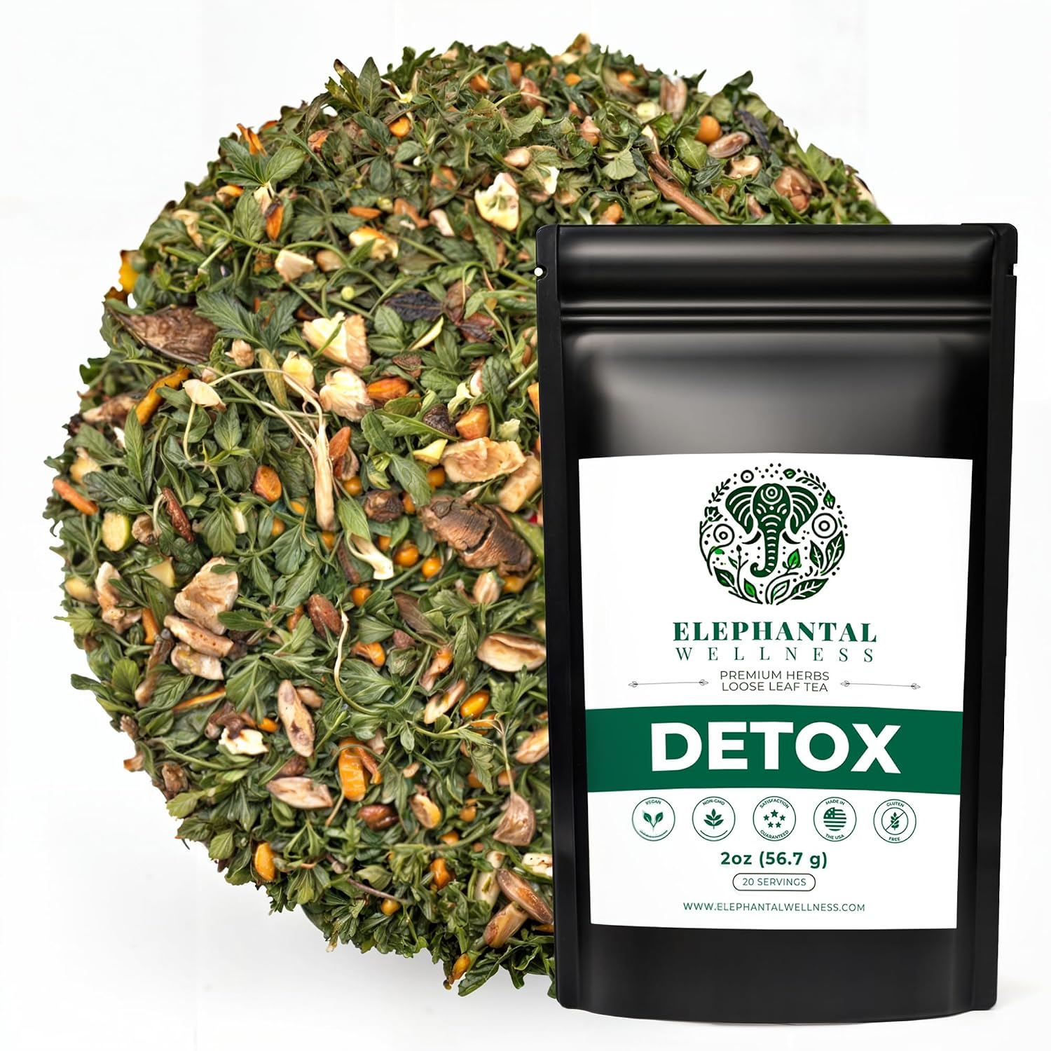 Elephantal Wellness Premium Detox Herbal Tea | Daily Liver, Kidney, Blood & Digestive Support with Turmeric, Nettle Tea, Milk Thistle, Dandelion Tea & Burdock | Handmade, Caffeine-Free Loose Leaf Blend | 2oz, 20 Servings