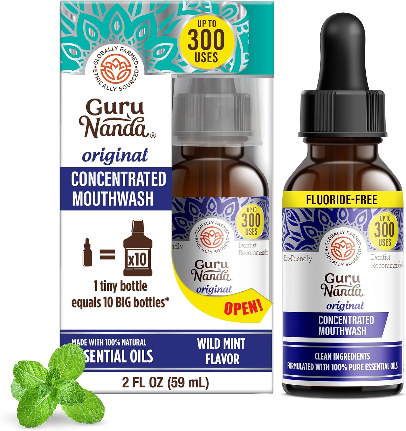 GuruNanda Concentrated Mouthwash (2 fl oz), Supports 300 Rinses, Aids in Fresh Breath, Fluoride-Free, Mint Mouthwash with Natural Essential Oils