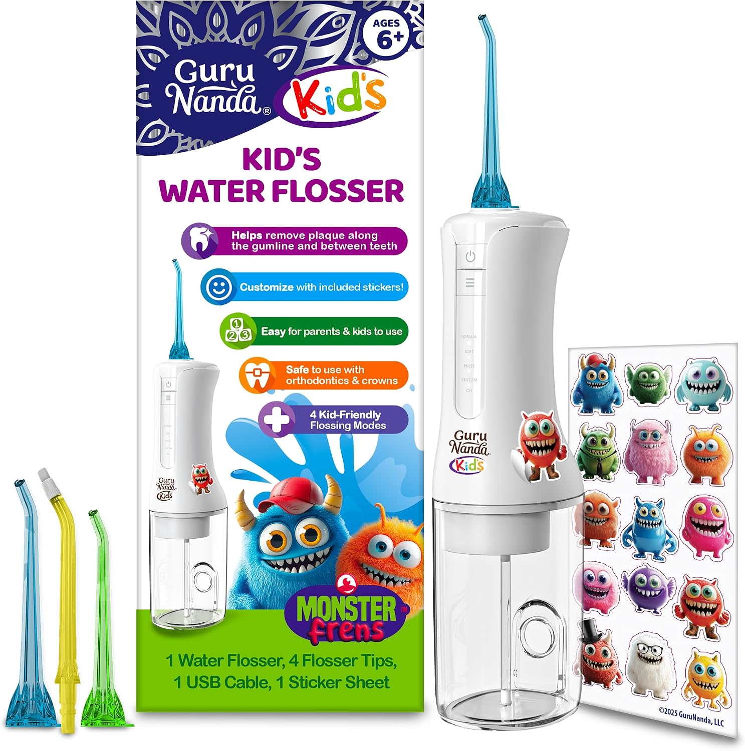 GuruNanda Kids Water Flosser Cordless, Braces-Friendly, Ages 6+, White, 1ct