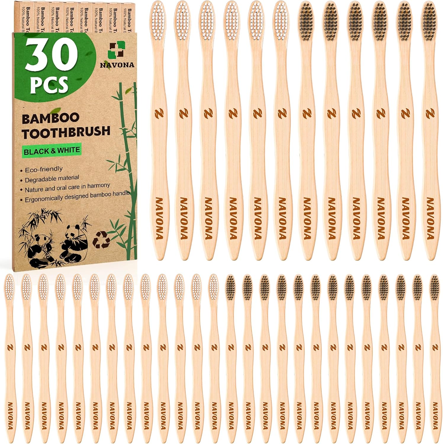 30 PCS Bamboo Toothbrushes, Individually Wrapped Wooden Toothbrushes Bulk | BPA Free Soft Bristles Toothbrush for Adults, Box of Two Reusable Nature Toothbrush