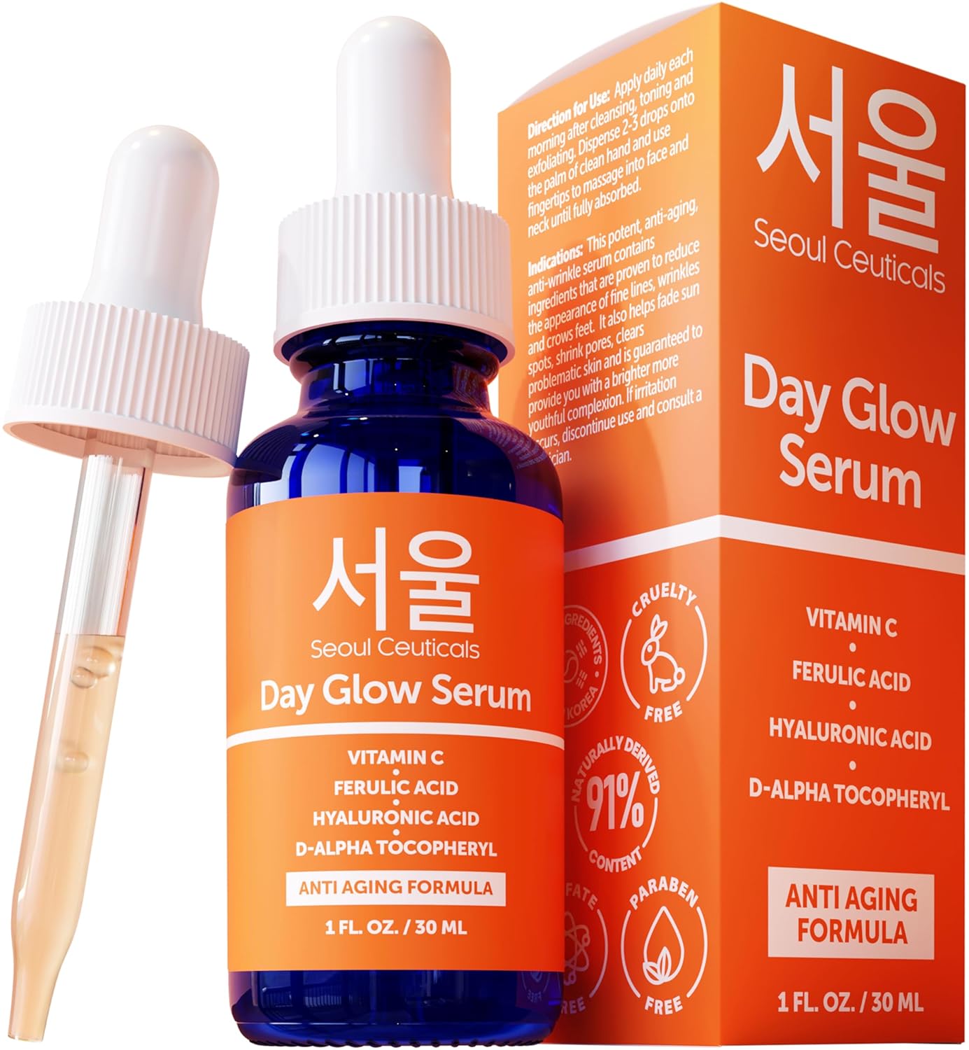 SeoulCeuticals Korean Skin Care 20% Vitamin C Serum for Face + CE Ferulic | 1oz C E Ferulic Vit C Facial Oil with Hyaluronic Acid, Vitamina E, Vegan, Cruelty Free, Anti Aging K Beauty Glow C+E Skincare