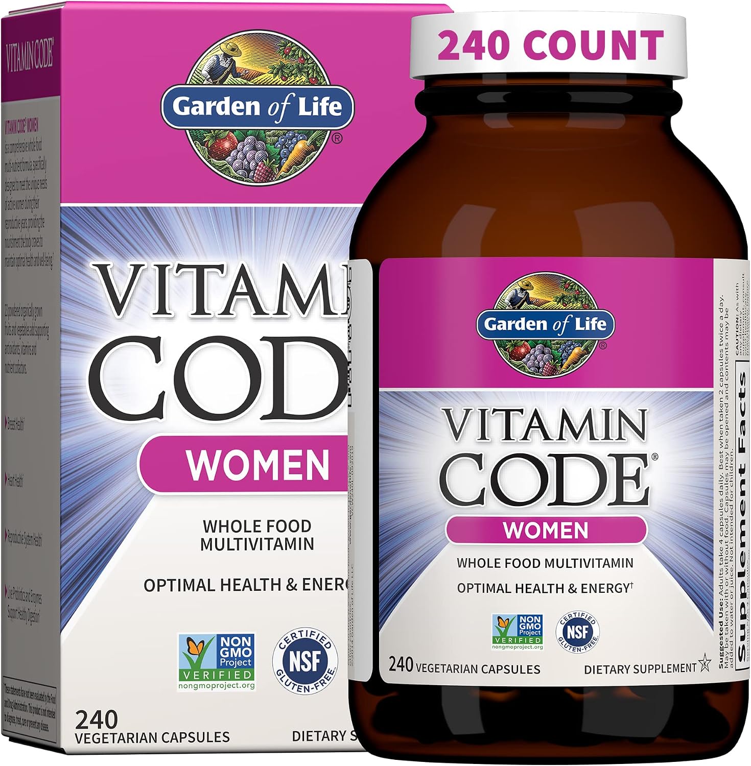 Garden of Life Multivitamin for Women, Vitamin Code Women’s Multi – Whole Food Womens Multi Vitamins, Iron, Folate not Folic Acid, Vitamin A and Probiotics for Womens Energy, 240 Vegetarian Capsules