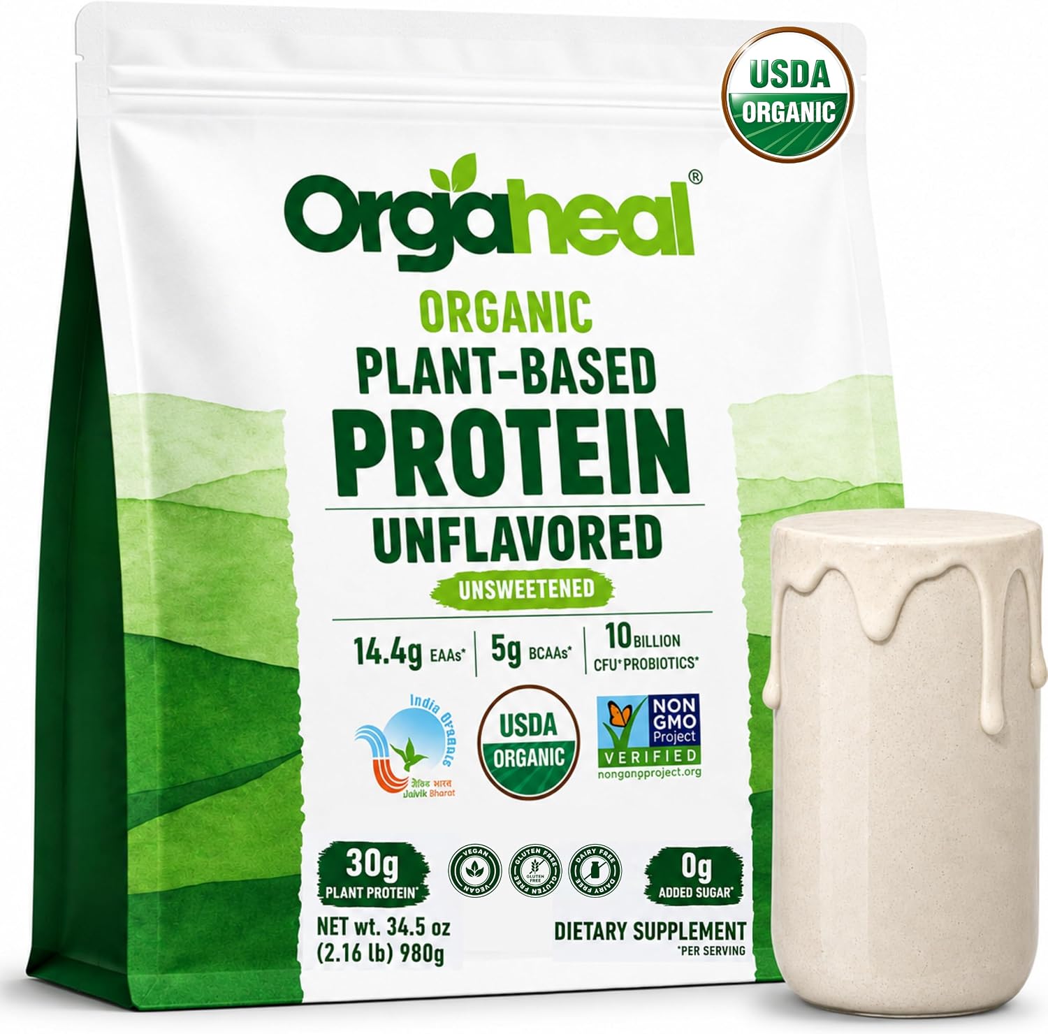 Organic Plant Protein Powder | Unflavoured | 30g Vegan Protein & 5g BCAAs | Pea, Mung Bean & Lentil Protein Blend | Gluten Free, No Added Sugar | 34.5 Oz