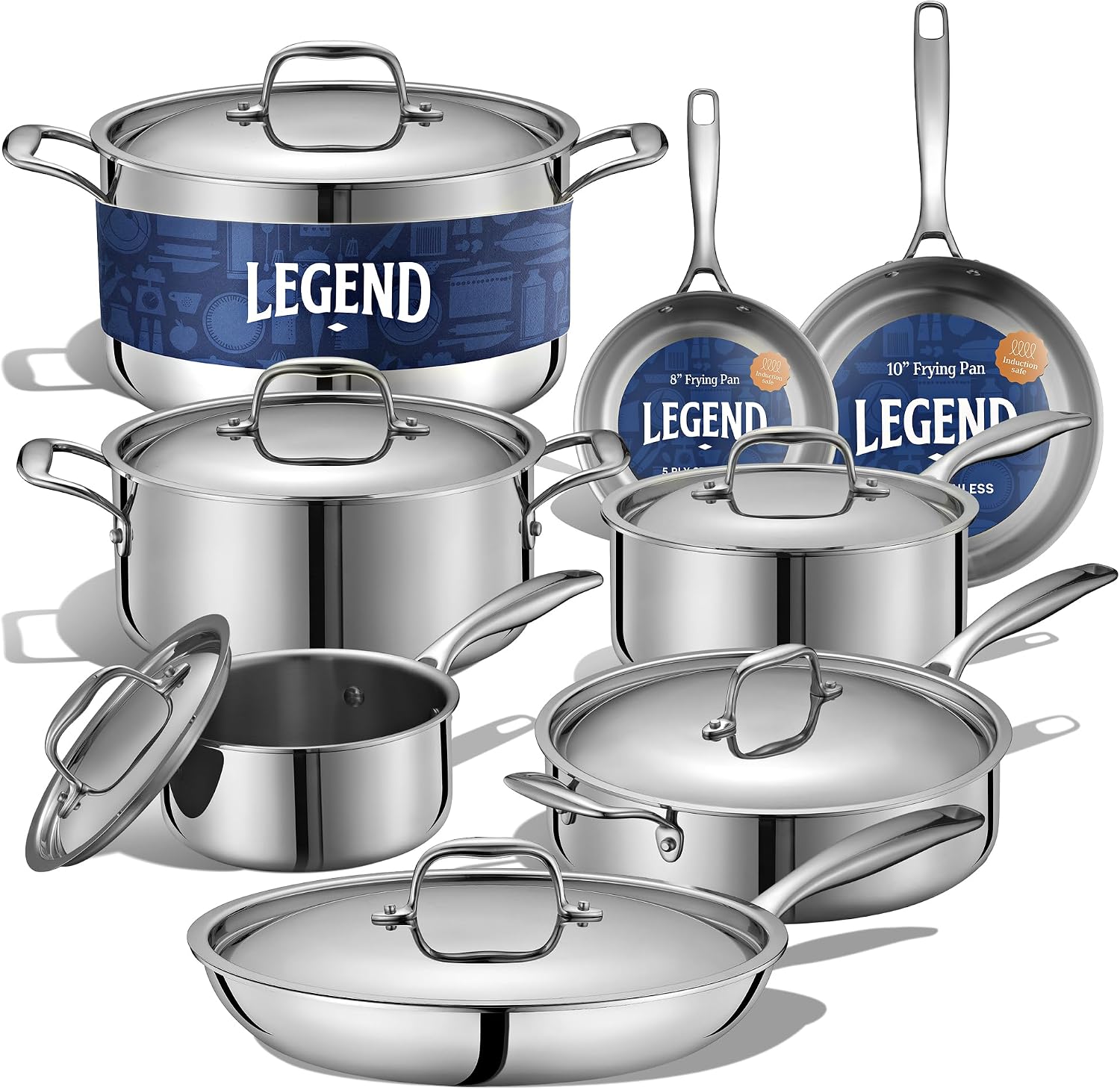 LEGEND COOKWARE 5-Ply Stainless Steel Cookware Set, 14-Piece Pots and Pans Set – Induction Compatible, Oven Safe 800°F – Non-Toxic, No Coatings – Built to Last Generations
