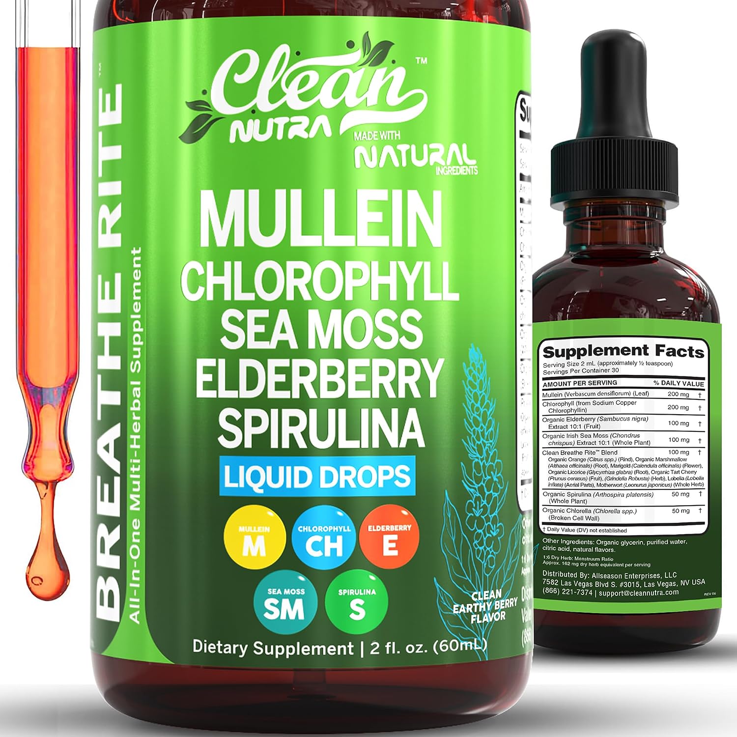 Mullein Drops for Lungs Liquid Chlorophyll Mullein Leaf Extract Supplement Elderberry Sea Moss Spirulina Chlorella Lobelia Marigold Licorice Marshmallow Lung Detox Cleanse Tincture Men Women 2 fl oz