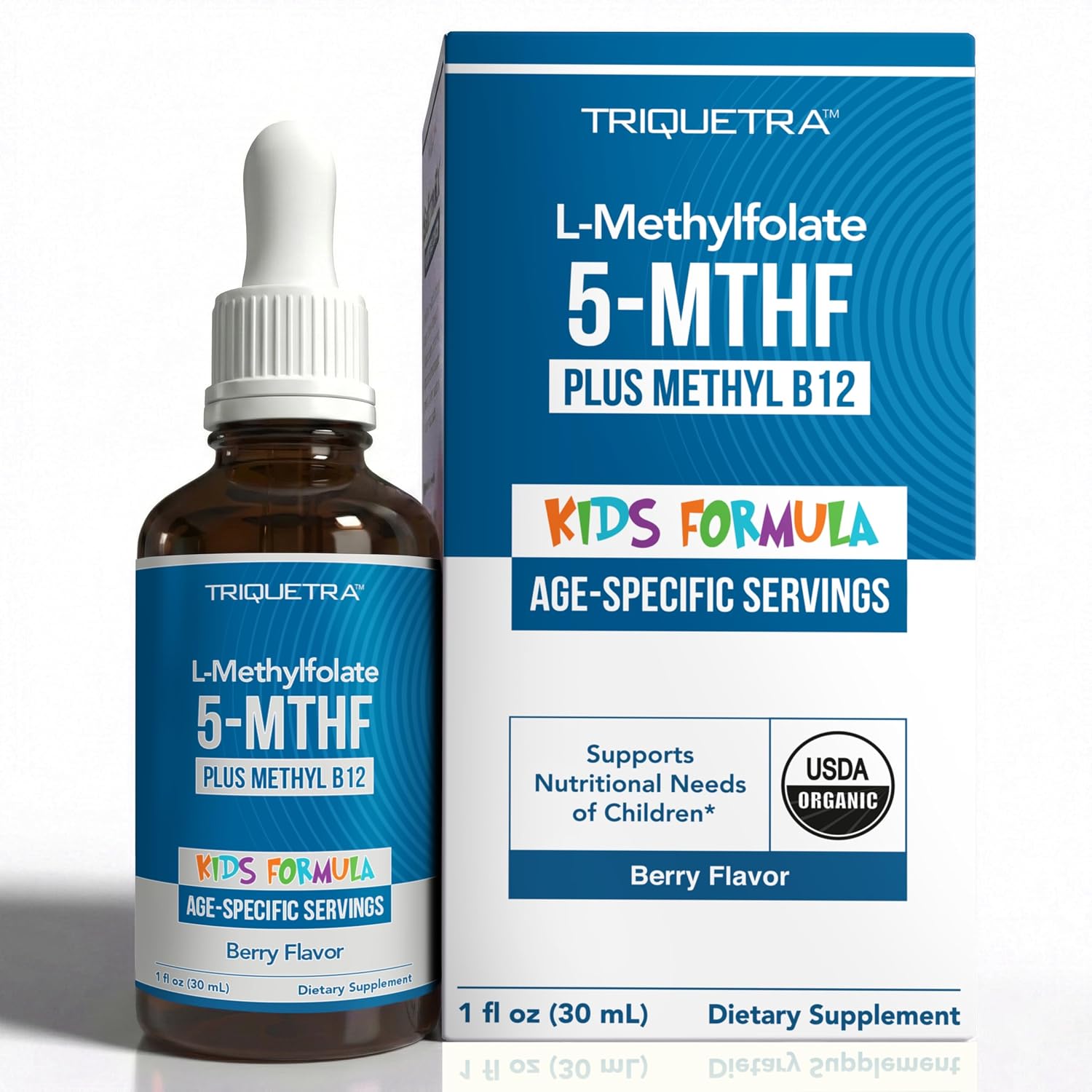 Organic Kids L-Methylfolate + Methyl B12 Cofactor – MTHFR Sublingual Form – 5-MTHF, Superior Form of Folate – Adjustable Dosing for All Ages – Mood, Behavior, Cognition – Organic Berry Flavor, 1 Fl oz