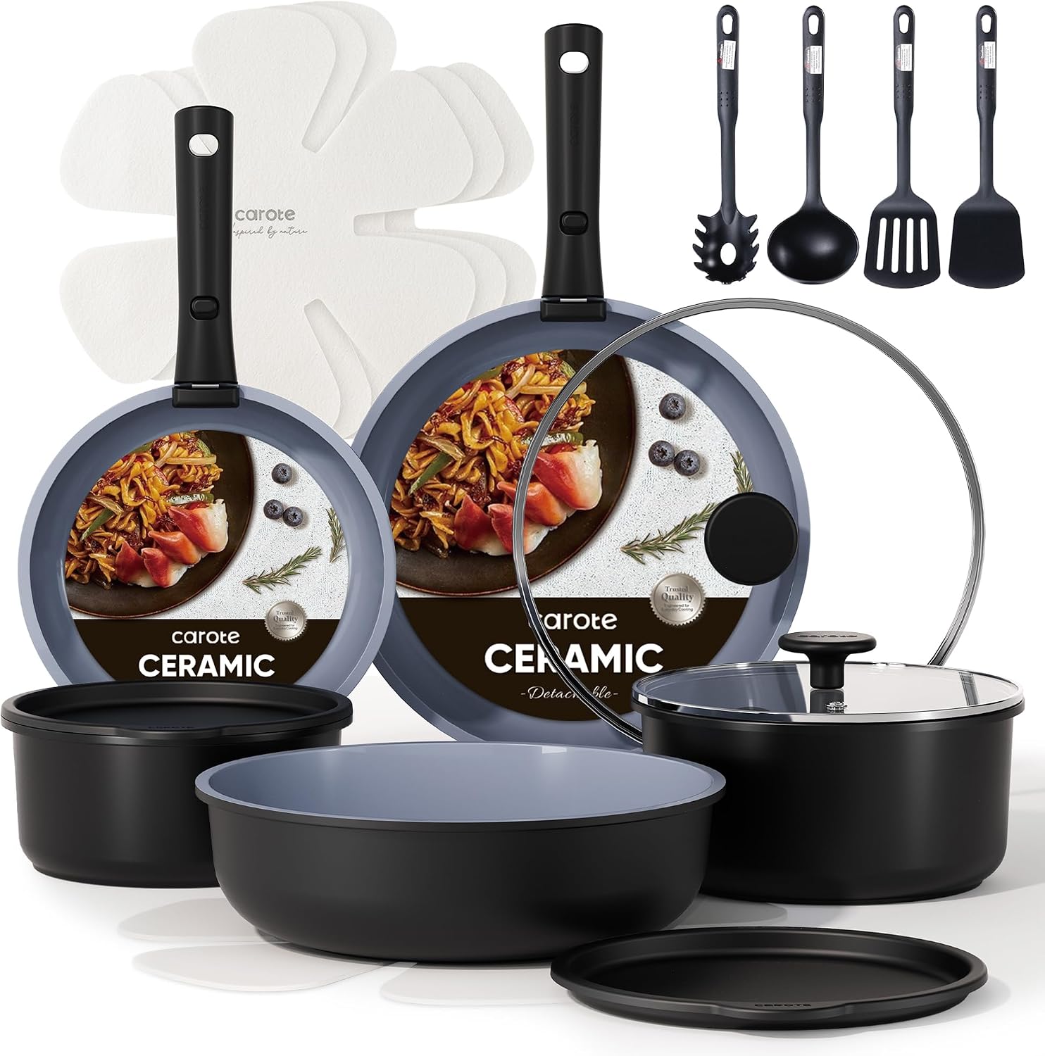 CAROTE 19pcs Ceramic Cookware Set Detachable Handle,Pots and Pans Non Stick