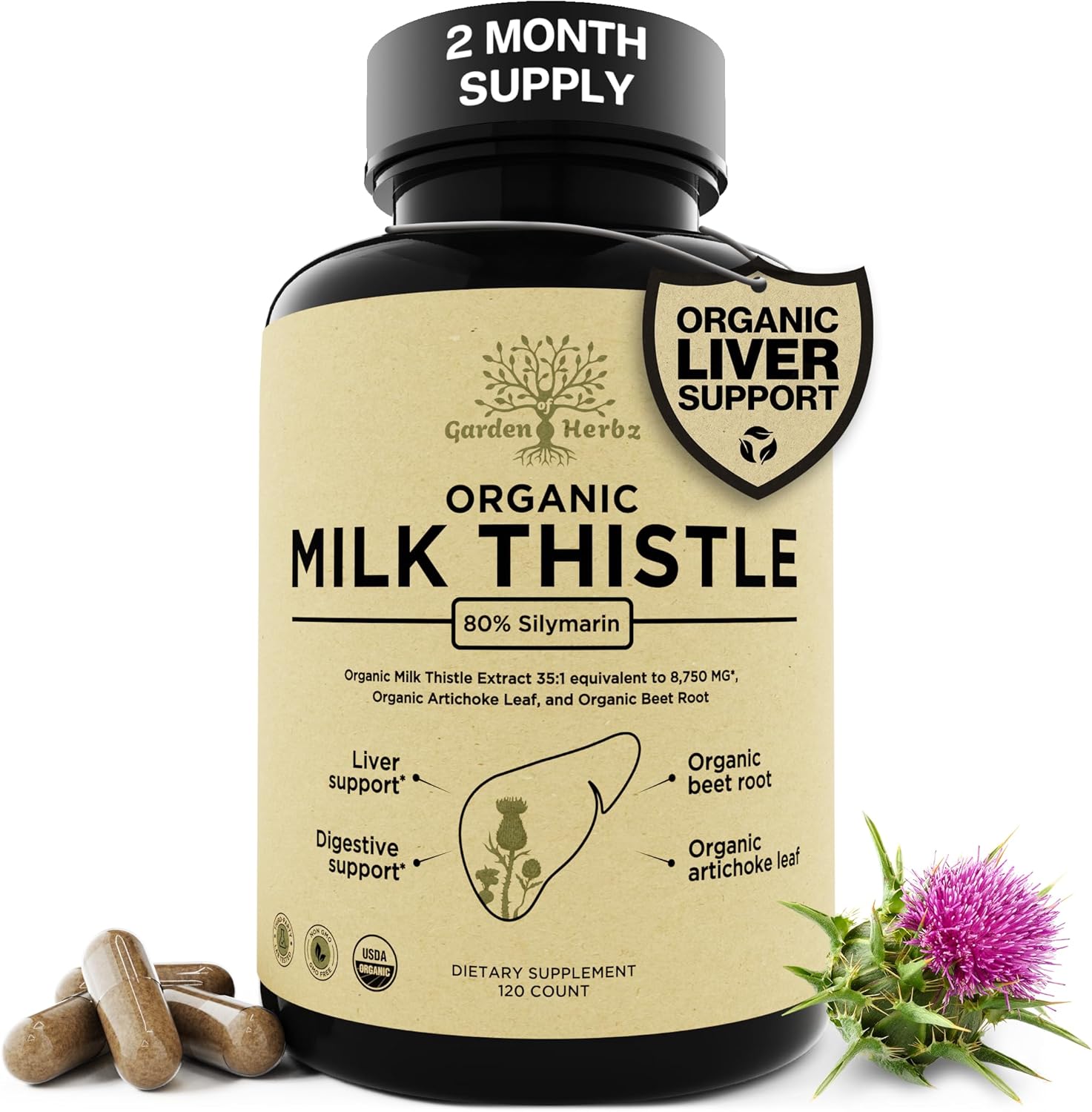 USDA Organic Milk Thistle Liver Detox Supplement Capsules, 120 Count
