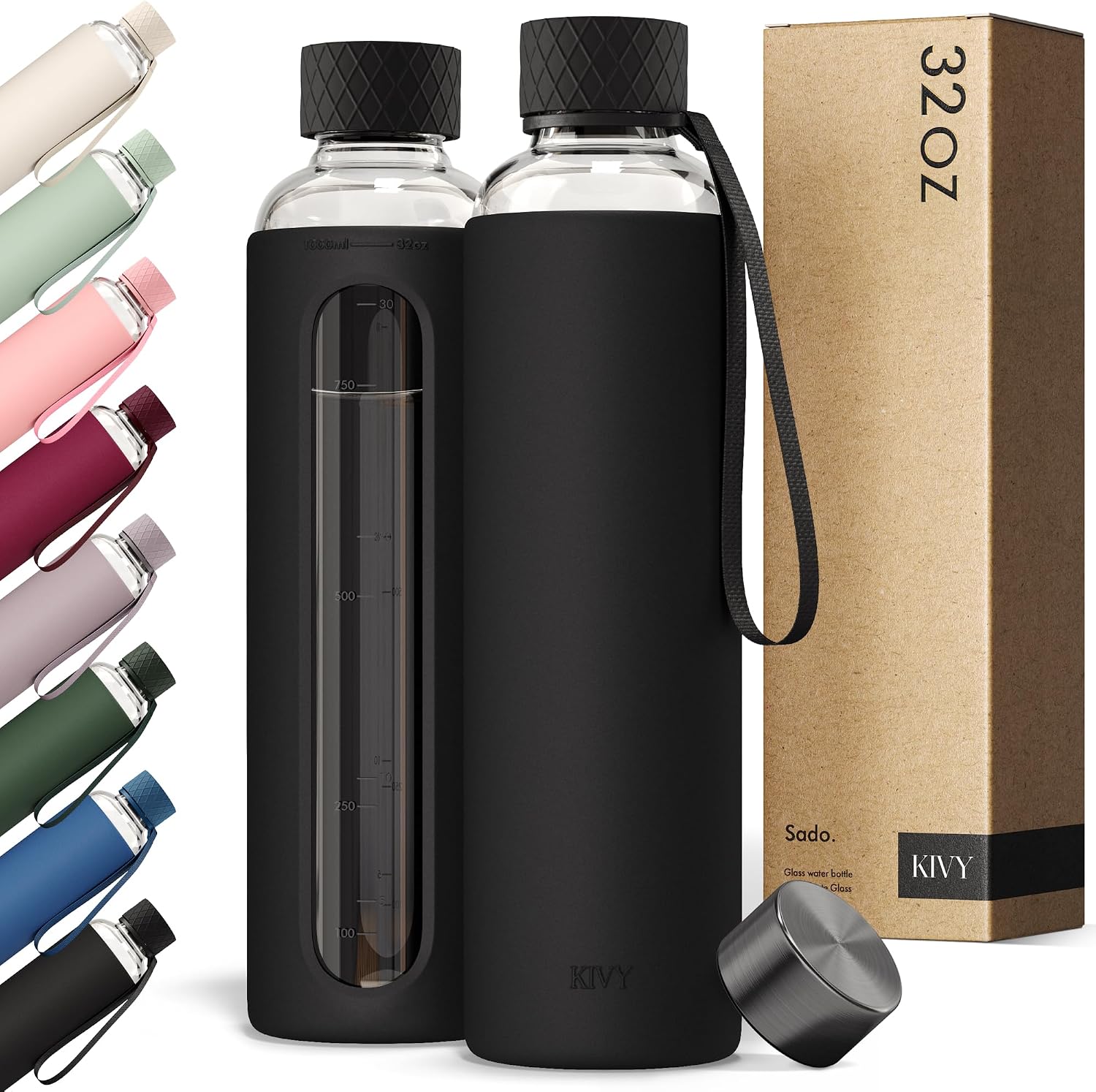 KIVY Glass Water Bottle with Silicone Sleeve 32 oz [WITH MEASUREMENT] – Borosilicate Glass Water Bottle Screw Top – Clear Bottles with Measurement Marking – Slim Waterbottle Aesthetic – Black