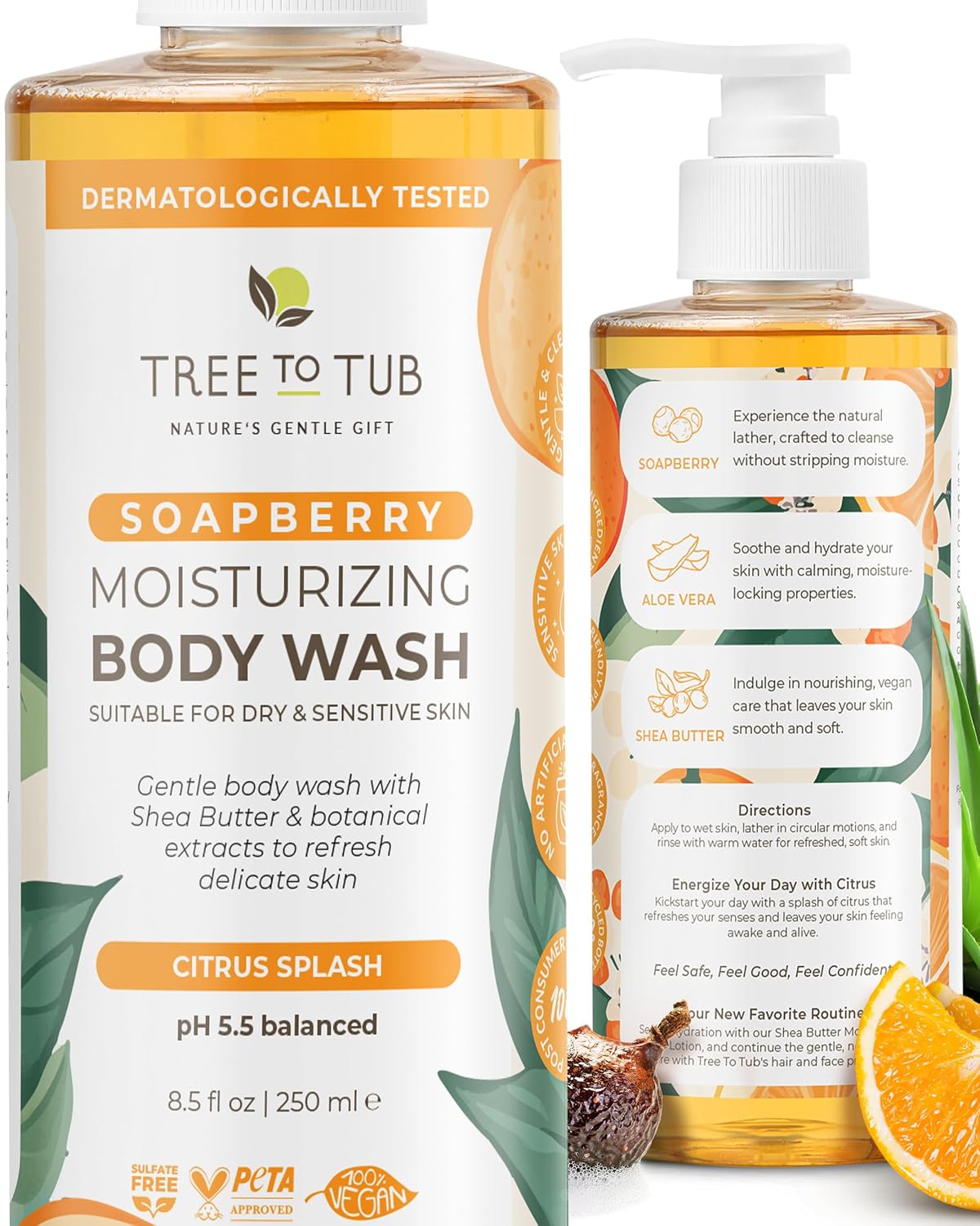 Tree To Tub Citrus Body Wash with Soapberry for Dry Skin pH 5.5, 8.5 Fl Oz