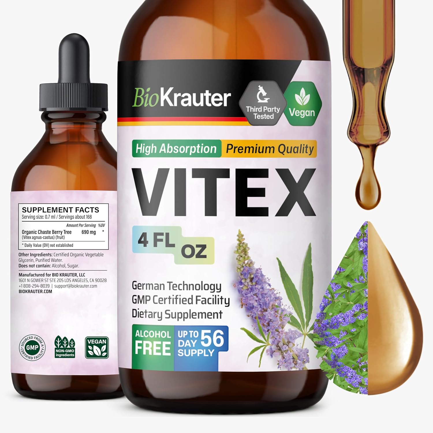BIO KRAUTER Vitex Chasteberry Supplement for Women & Menopause Support* | 4 Fl.Oz, 56 Days of Supply, Pure Vegan Vitex Berry Tincture, Alcohol & Sugar Free, Relaxation & Women’s Wellness