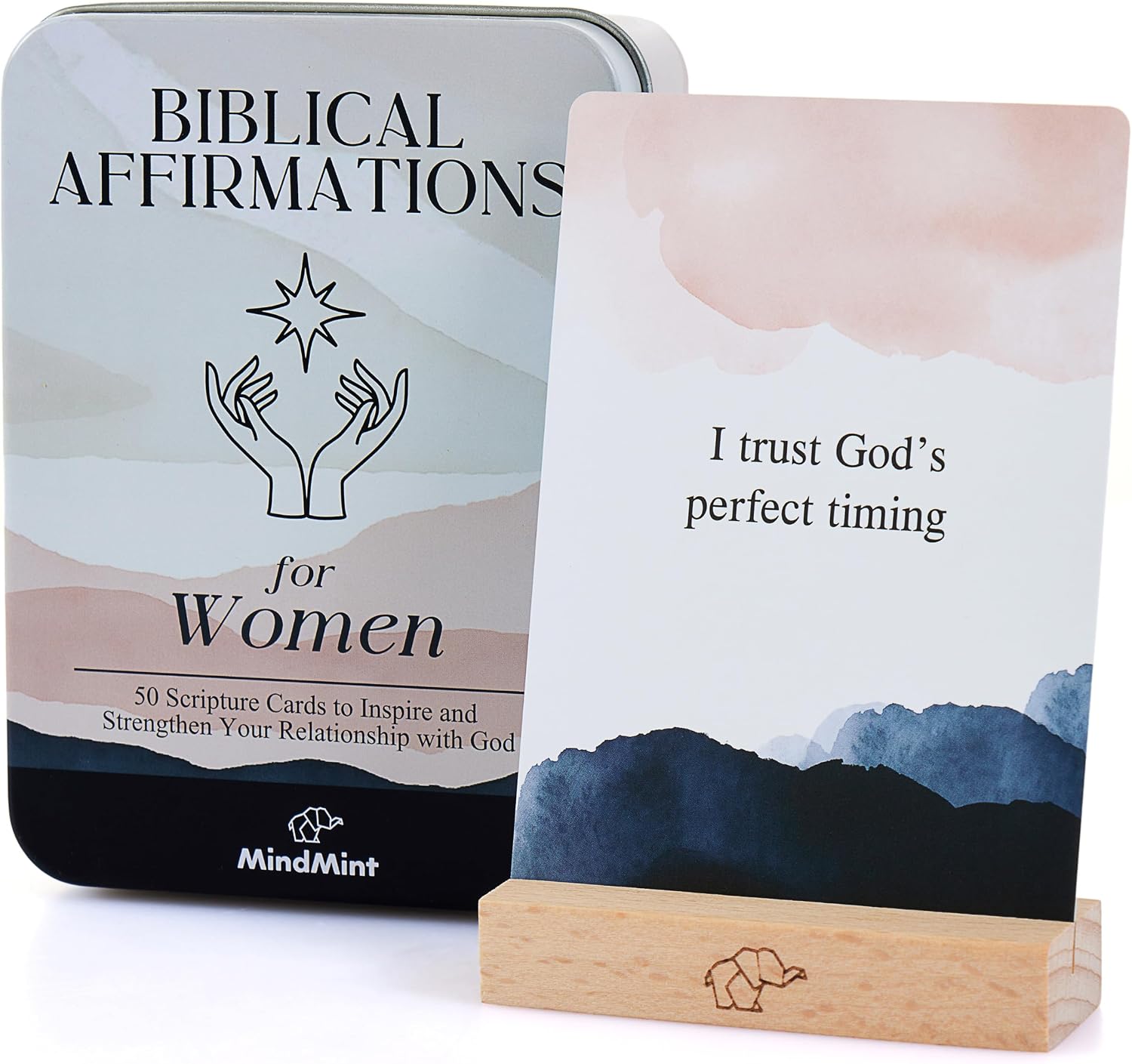 Scripture Cards with Bible Verses – 50 Daily Biblical Affirmation & Spiritual Prayer Cards – Religious & Christian Faith-Based Gifts for Women – Comes with Metal Box & Wooden Stand