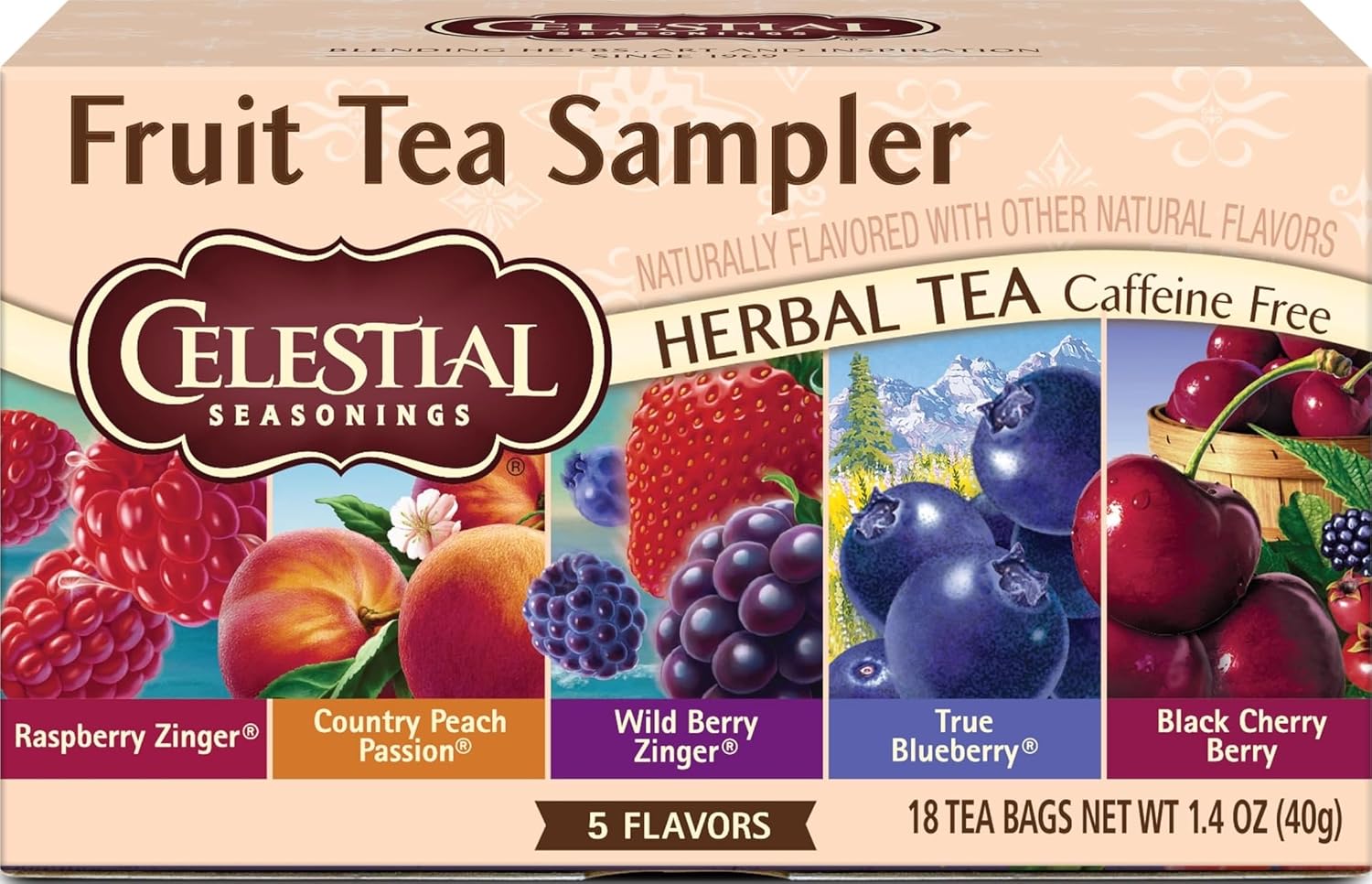 Celestial Seasonings Fruit Tea Sampler Herbal Tea Variety Pack, Caffeine Free, 18 Tea Bags Per Box
