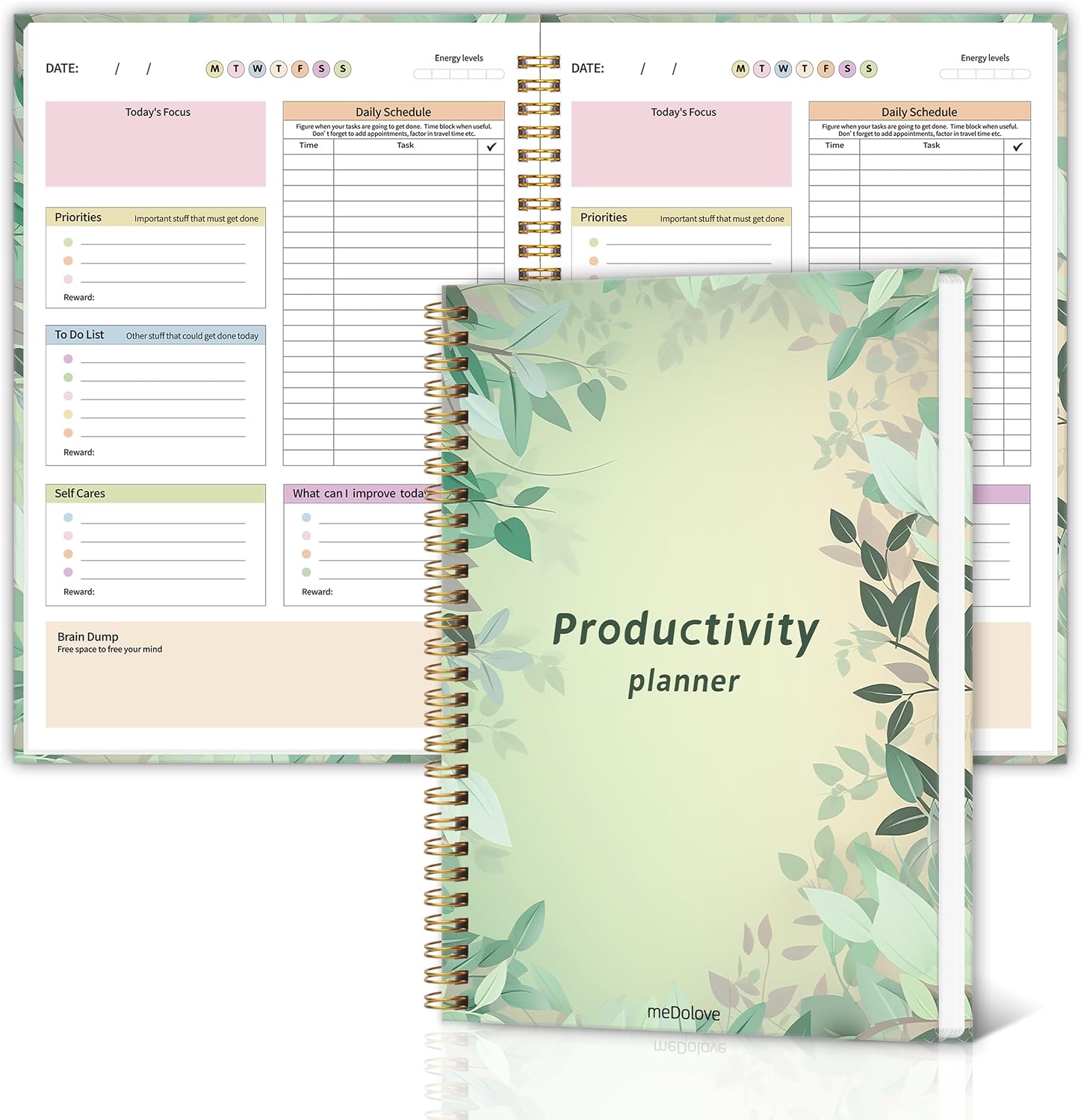 ADHD Daily Planner with Hardcover for Men & Women ,Productivity Planner & Undated Task Management Organizer Daily Schedule,Self-Care,To-Do List for Neurodivergent Adults, Focused Planners Cardboard Cover for Adult & Teens – Green Leaves