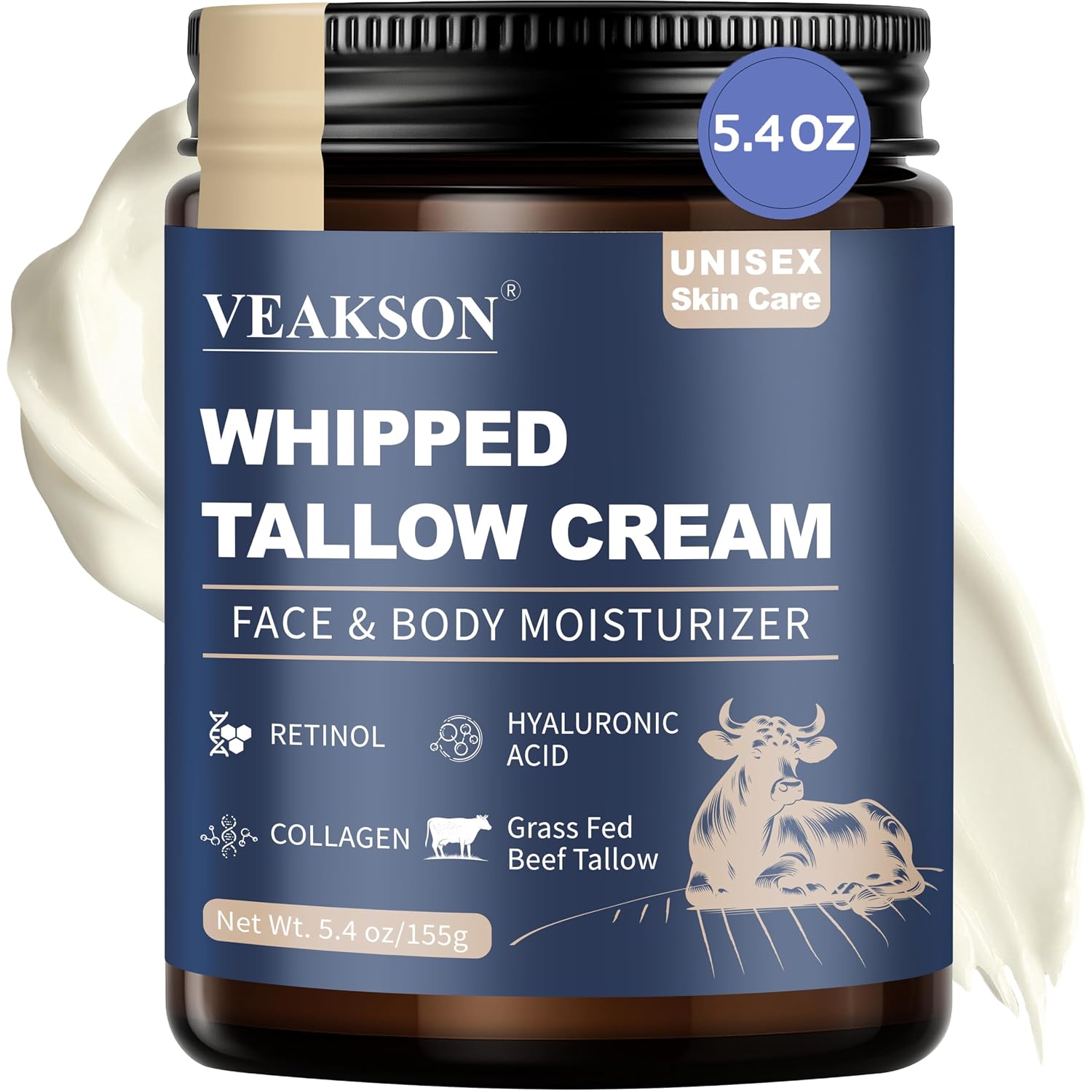 Beef Tallow for Skin, Grass Fed Whipped Beef Tallow and Honey Balm with Anti Aging Retinol, Collagen, Hyaluronic Acid for Face & Body, Wrinkle Skin Care Facial Moisturizer for Women & Men, 5.4 Oz