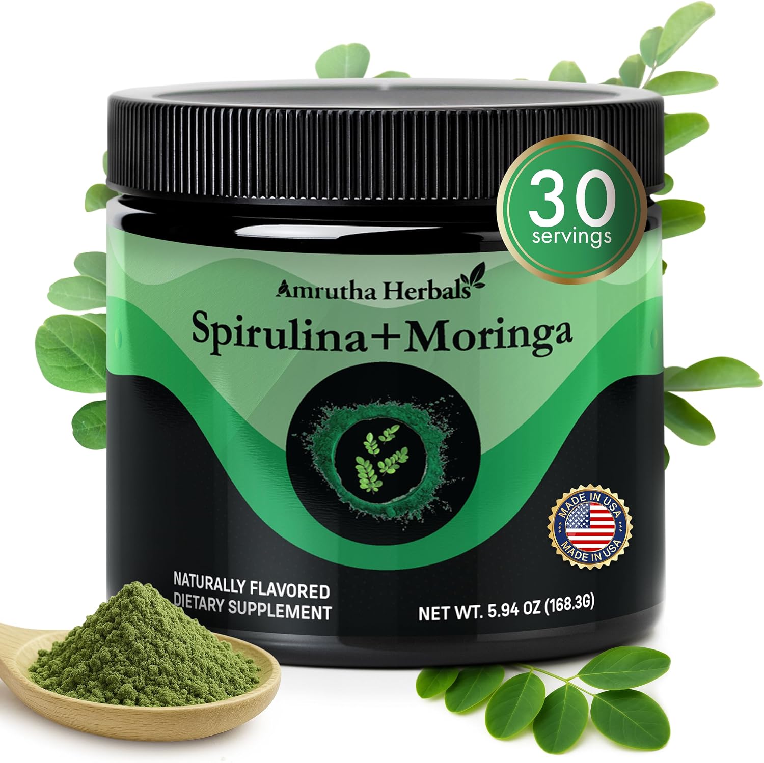 Organic Spirulina + Organic Moringa Greens Powder, Gluten-Free, Vegan Friendly, Detox & Digest, Superfoods 30 Servings Made in USA