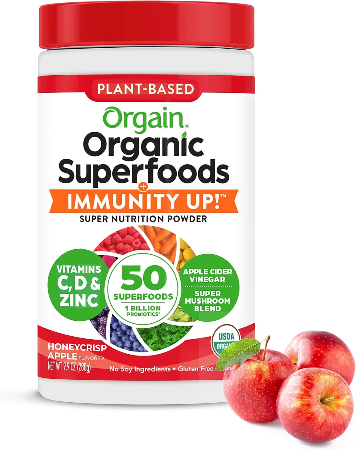 Orgain Greens + Superfoods Immunity Up Powder, Honeycrisp Apple, 0.62lb | Organic greens + 50 superfoods powder, probiotics, vitamin C, D, & zinc, apple cider vinegar, ashwagandha, for immune support