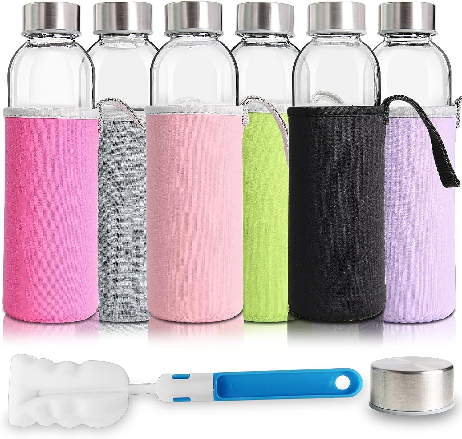 YEBODA Glass Water Bottles, 18 oz Juice Bottles with Lids, 6 Pack | Reusable Glass Juice Bottles with Stainless Steel Caps, Colorful Sleeves and Cleaning Brush