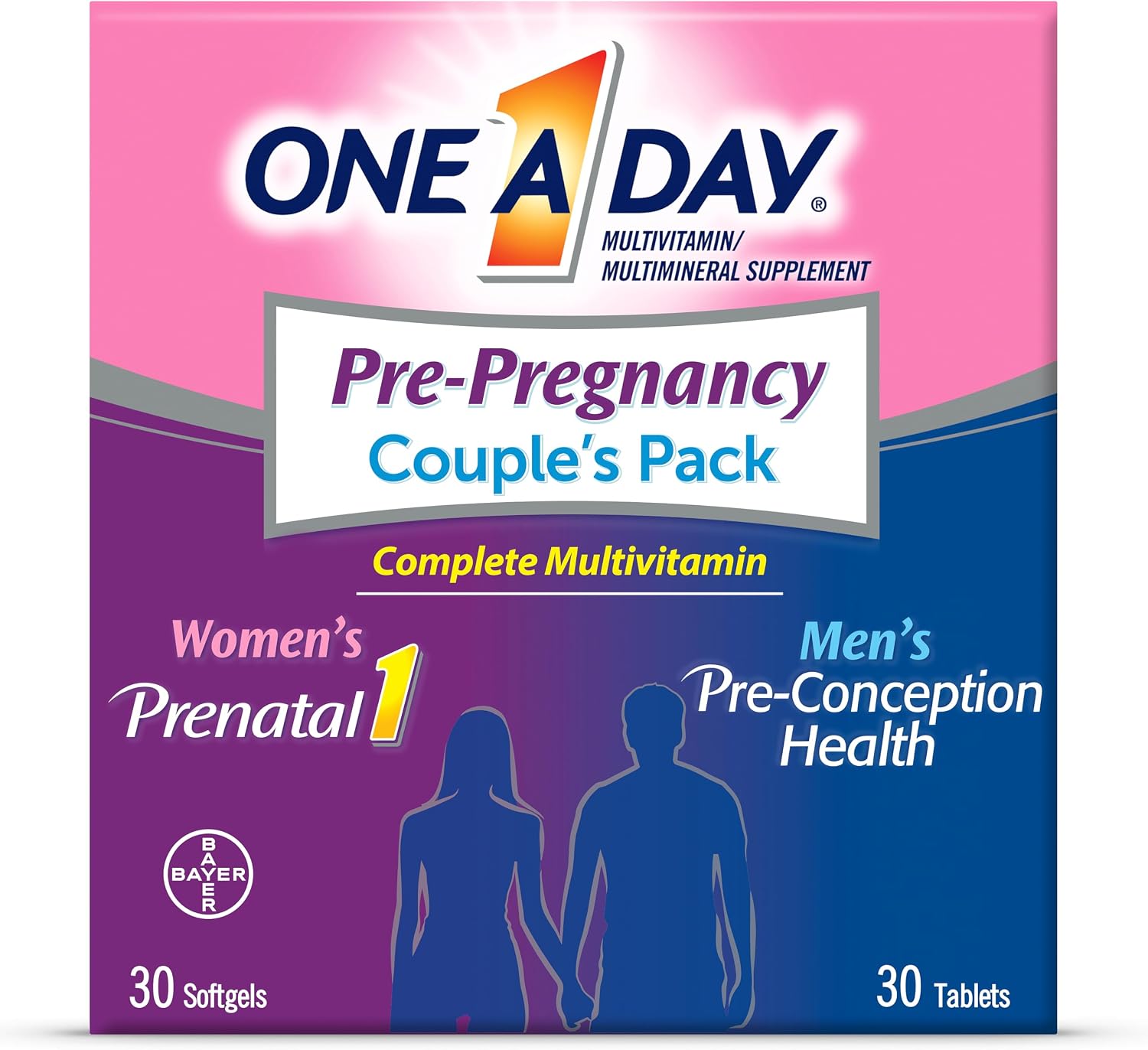 One A Day Men’s & Women’s Pre-Pregnancy Multivitamin Softgel including Vitamins A, Vitamin C, Vitamin D, B6, B12, Folic Acid & more, 30+30 Count, Supplement for Before, During, and Postnatal