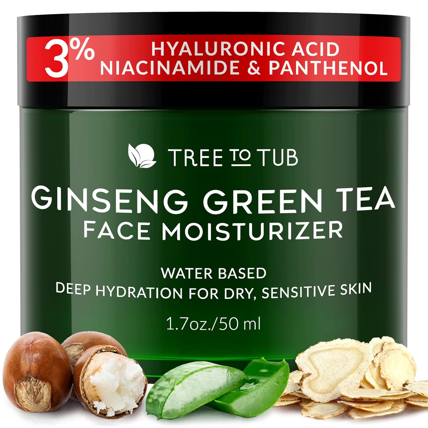 Tree To Tub Ginseng Green Tea Face Moisturizer, Sensitive, Dry Skin, 1.7 Oz | Gentle on Sensitive Skin, Antioxidant-Rich, Scented, Lightweight, Hydrating, Vegan & Cruelty-Free, For Women & Men
