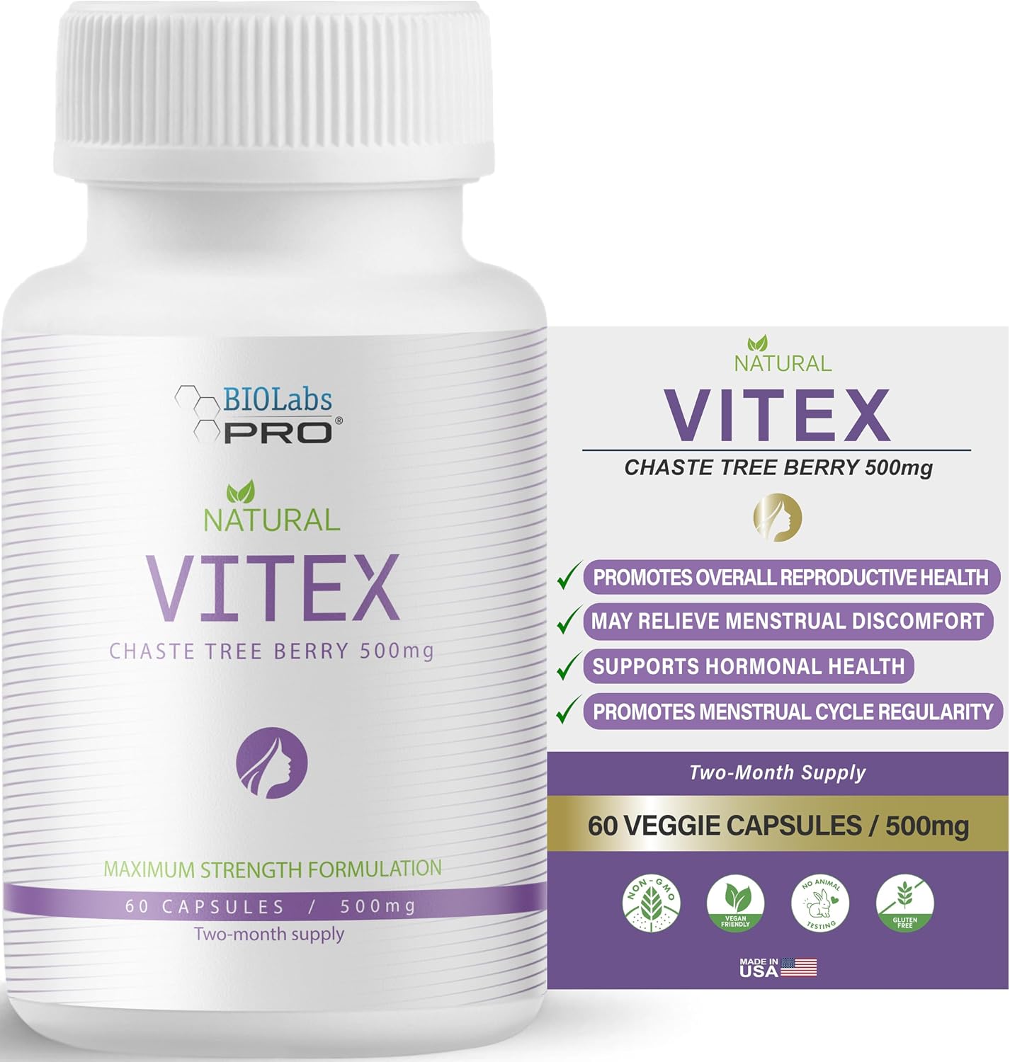 BIOLABS PRO Natural Vitex Chasteberry Supplement, Pure Chaste Berry Extract | 500mg, Maximum Strength Formulation, Vegan Capsules, Supports Hormonal Balance for Women (60 Caps, 2-Month Supply)