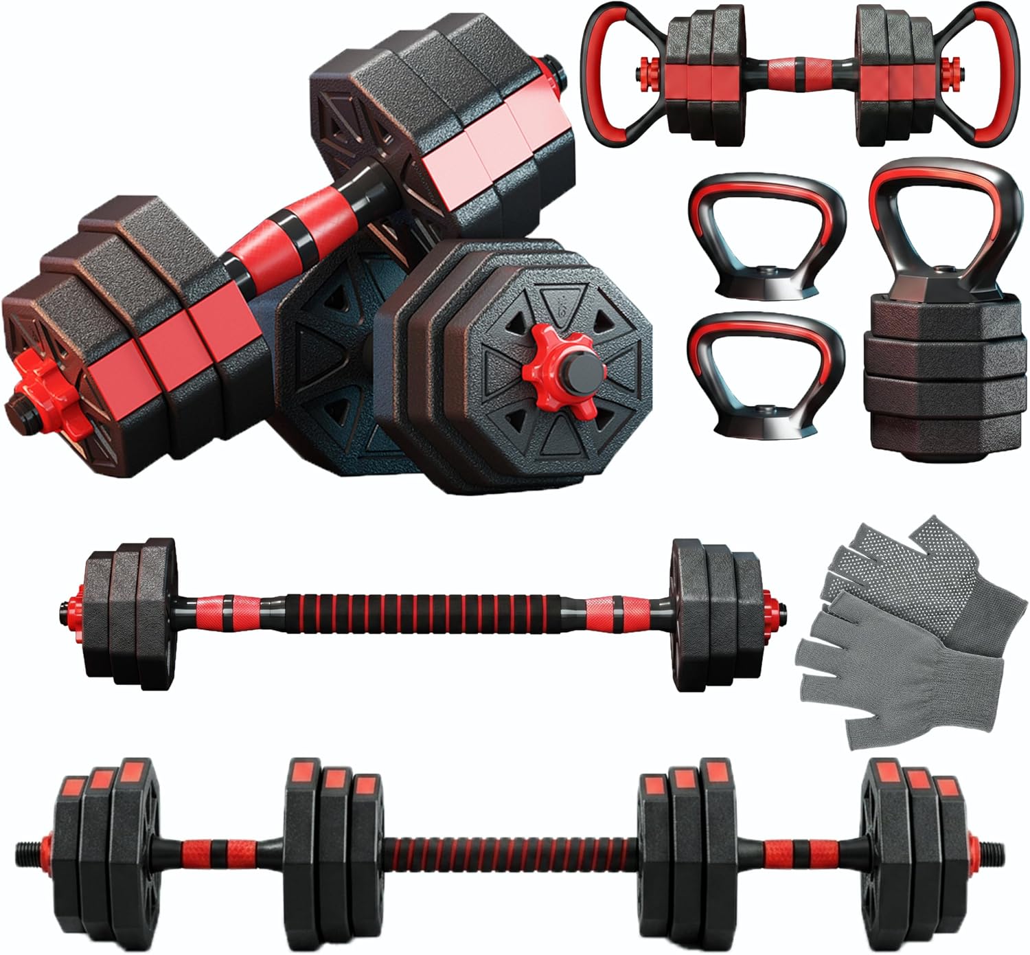 6-in-1 Adjustable Dumbbell & Barbell Weight Set, 45LB Octagon Anti-Roll Iron Sand & Cement Composite Weights, All-in-One Home Gym Equipment with Kettlebell, Push-up Stands & Gloves
