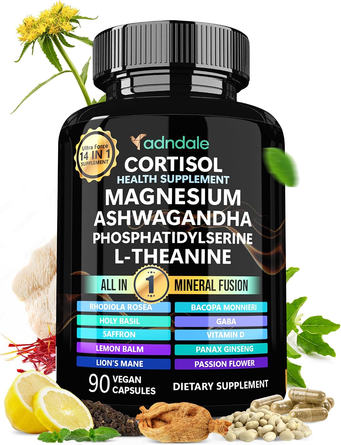 Adndale Cortisol Supplements for Women. Ashwagandha Supplements with Magnesium Glycinate, L-Theanine & More. Cortisol Reducer for Women – 90 Capsules