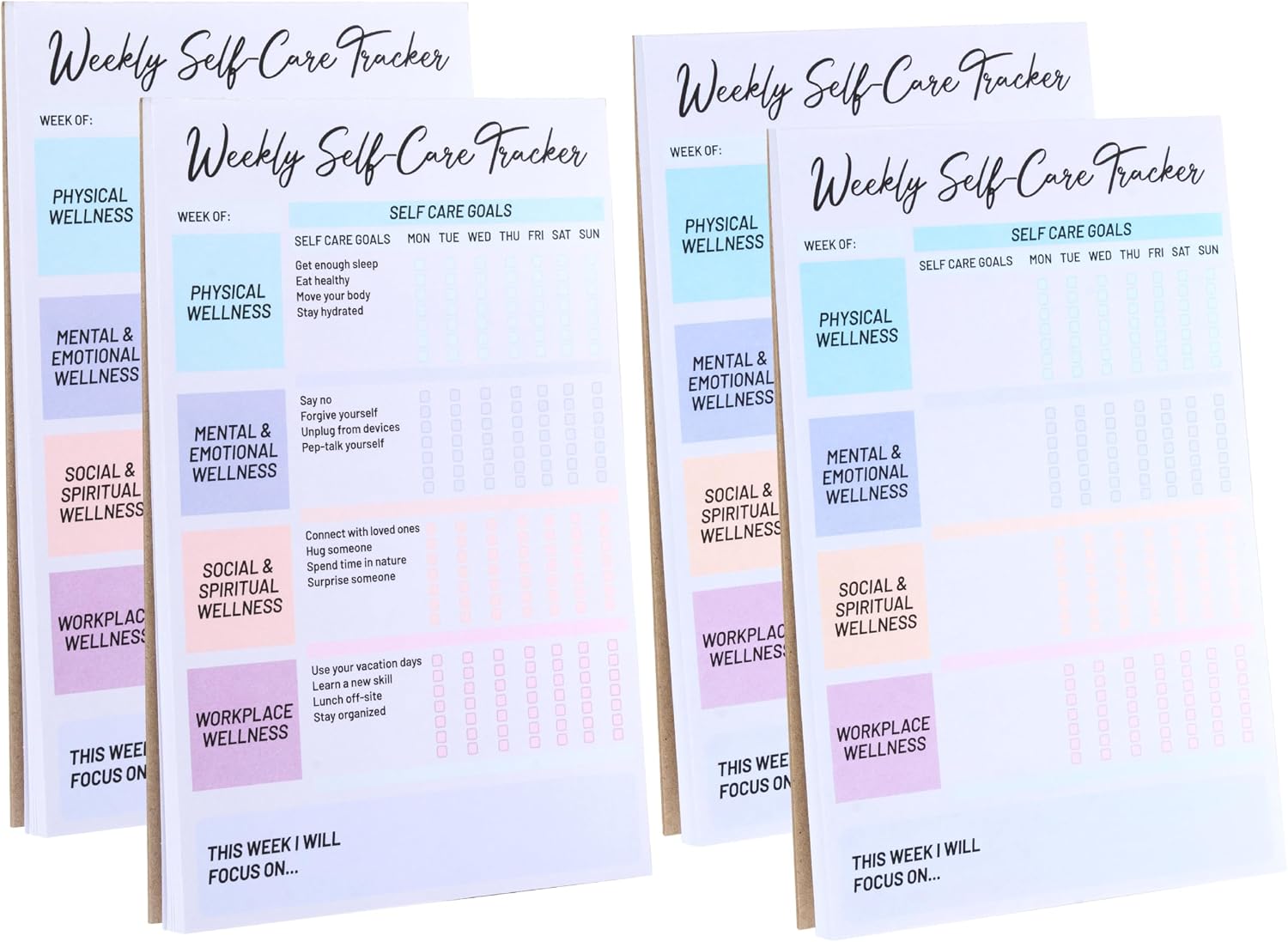 4 Pack Self Care Weekly Tracker Notepads (2 Blank + 2 Guided), 6 ”x 9”