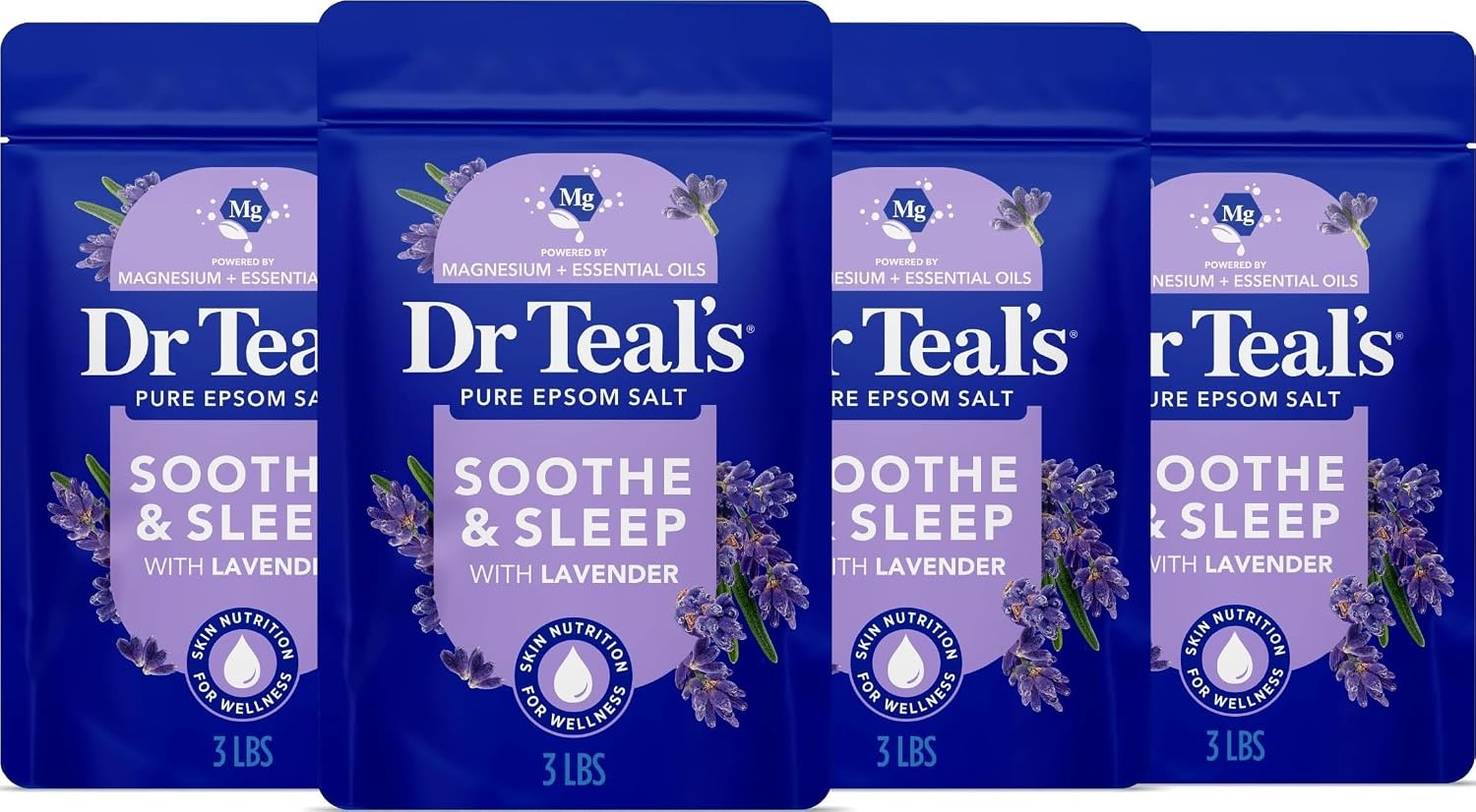 Dr Teal’s Pure Epsom Magnesium Salt Soak, Soothe & Sleep with Lavender, 3 lb (Pack of 4)