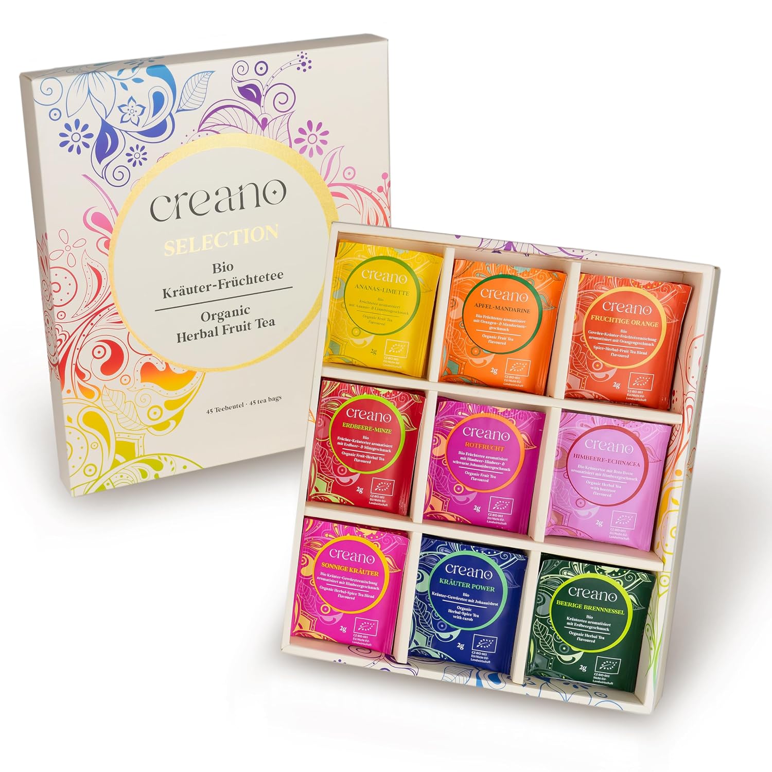 Creano Organic Herbal & Fruit Tea Gift Set – 45 Organic Tea Bags in 9 Dreamy Varieties – 90 g