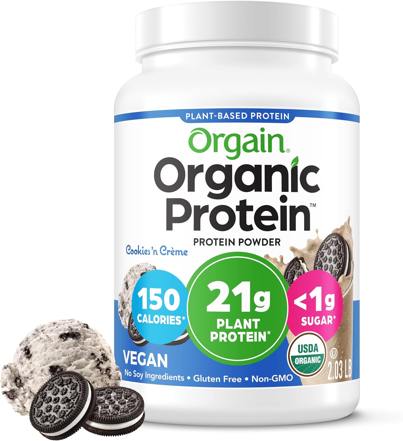 Orgain Organic Vegan 21g Protein Powder, Cookies & Cream, 2.03 lb | Plant based protein, 7g prebiotic fiber, low net carb, no added sugar or lactose ingredients, non-GMO, for shakes & smoothies