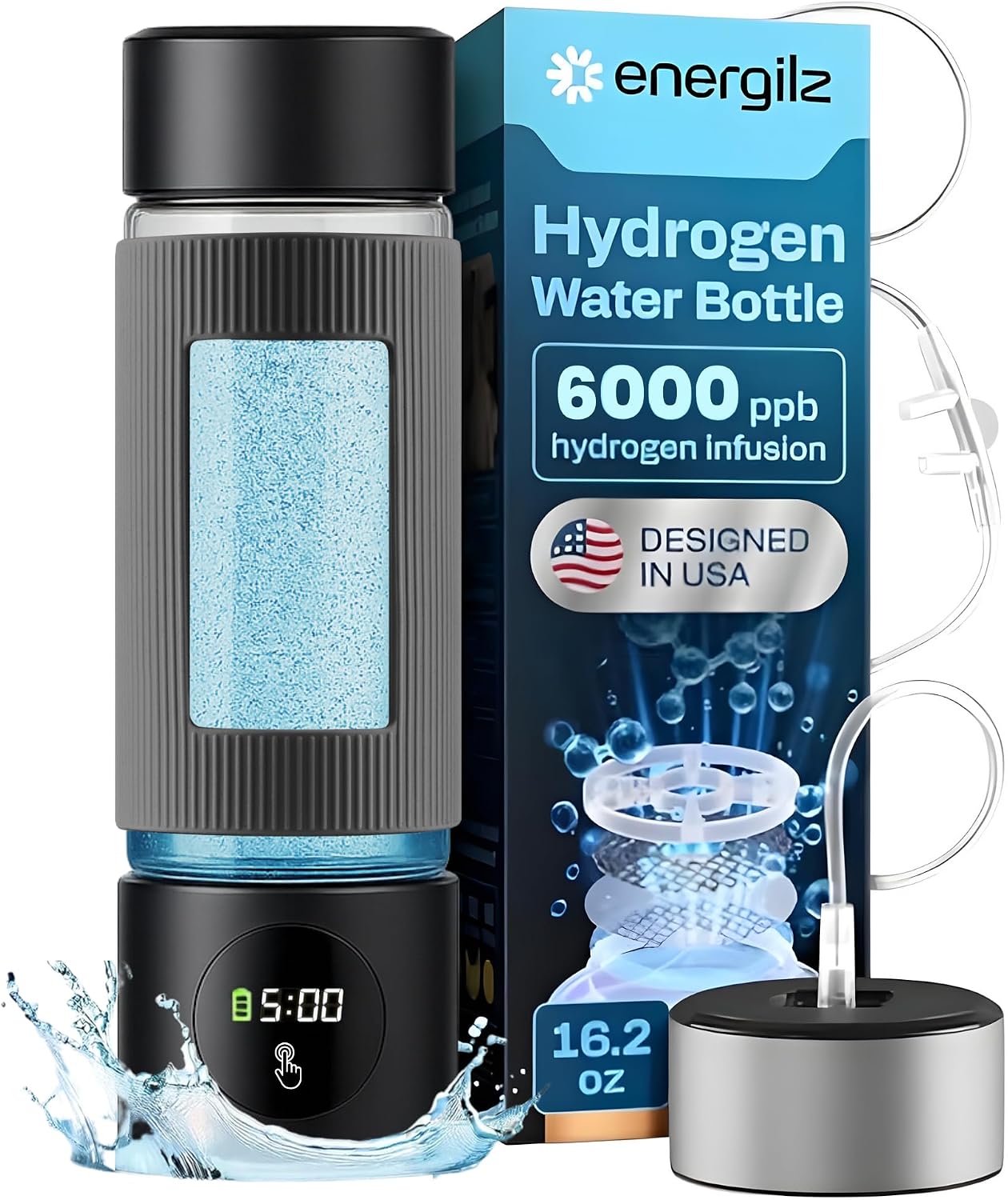 Hydrogen Water Bottle | 16.2 oz (480 ml) Hydrogen Water Generator | 6000 PPB Hydrogenator Machine | SPE/PEM Ionizer Generator (Black)
