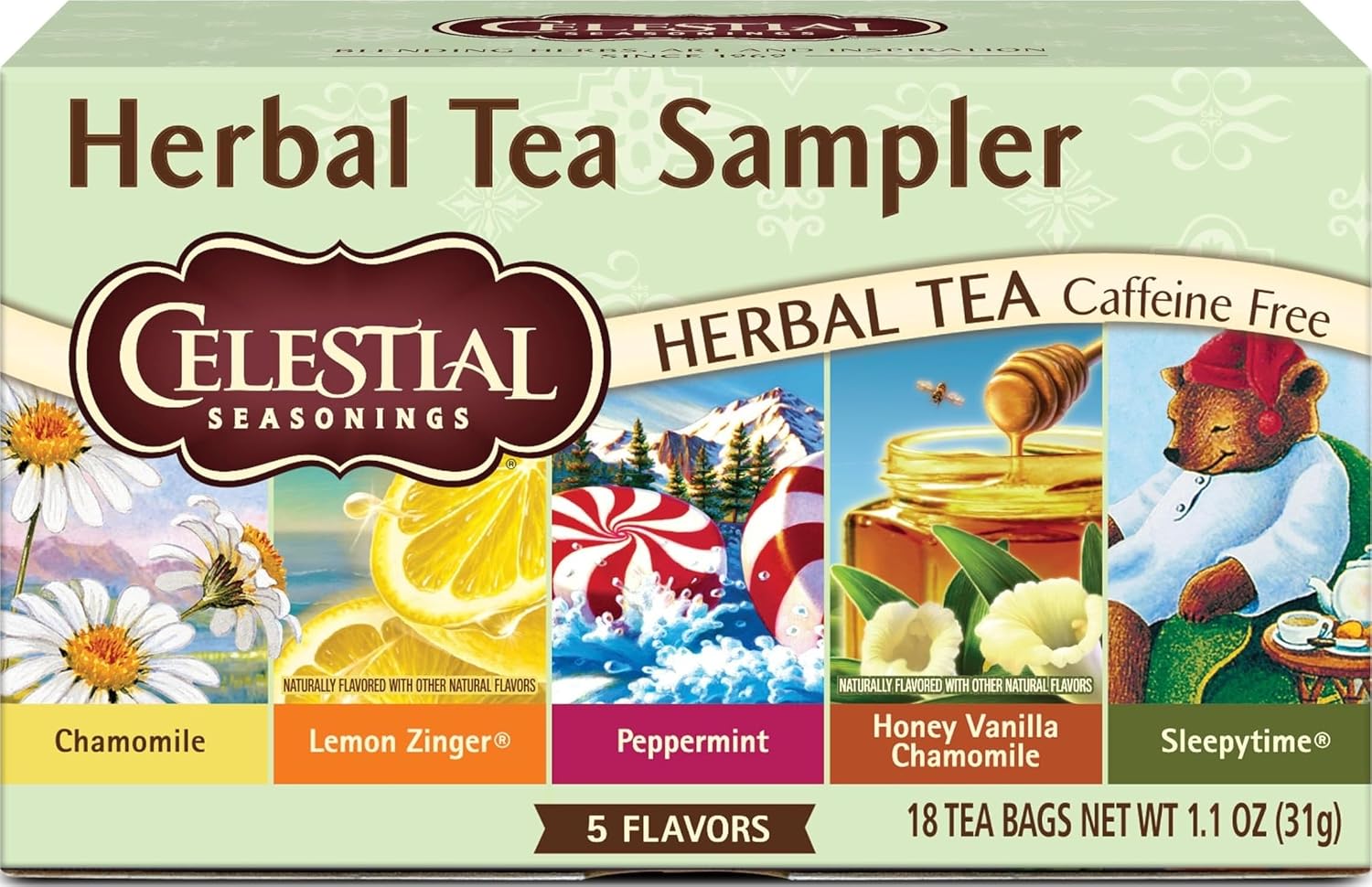 Celestial Seasonings Herbal Tea Sampler Variety Pack, Caffeine Free, 18 Tea Bags Box