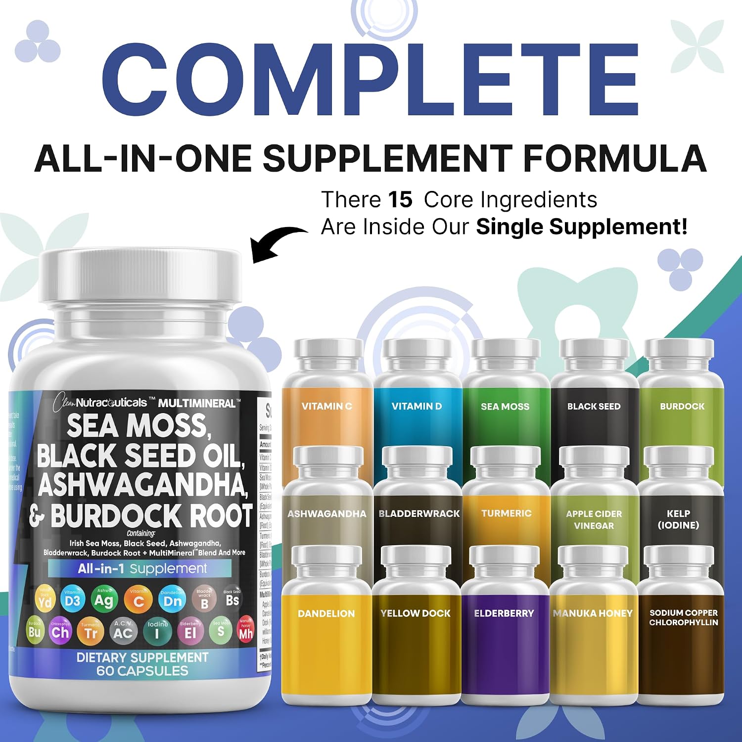 Clean Nutraceuticals Sea Moss Black Seed Oil Ashwagandha Turmeric Bladderwrack Burdock & Vitamin C Vitamin D3 with Elderberry Manuka Dandelion Yellow Dock Iodine Chlorophyll ACV – 2Pack