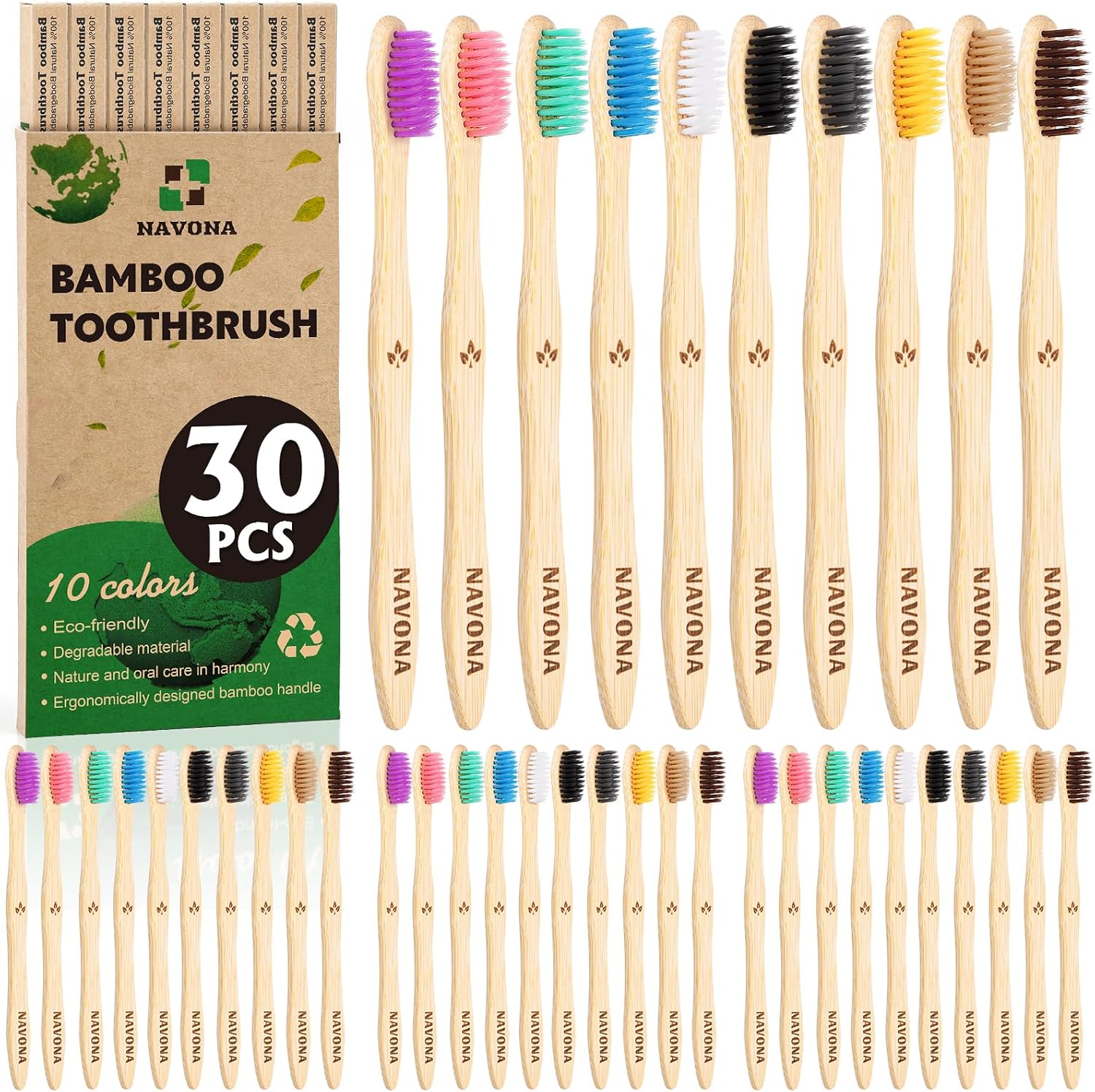 30 PCS Bamboo Toothbrushes, Individually Wrapped Wooden Toothbrushes Bulk | BPA Free Soft Bristles Toothbrush for Adults, Box of Two Reusable Nature Toothbrush