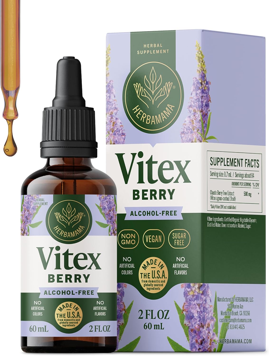 HERBAMAMA Vitex Berry – Hormone Balance for Women & PMS Relief | Vitex Chasteberry Supplement for Women • Non-GMO • Alcohol & Sugar-Free • Vegan • Liquid Formula • 42-Day Supply • 2 fl oz