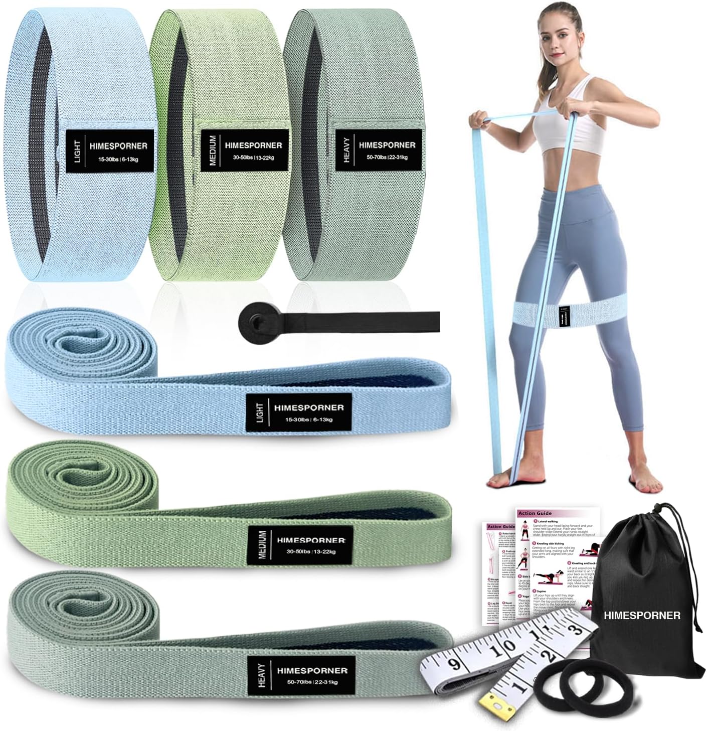 HIMESPORNER 9 PCS Fabric Resistance Bands Set for Working Out | Non-Slip Exercise Booty Bands for Women Men Leg Glutes with Hair Ties and Tape Measure – for Home Gym Workout, Yoga, Pilates