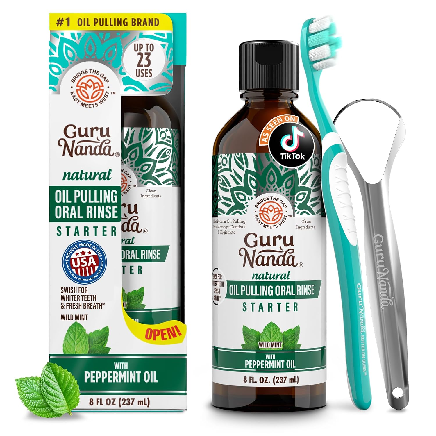 GuruNanda Starter Coconut Oil Pulling Mouthwash with Peppermint Oil, 8oz