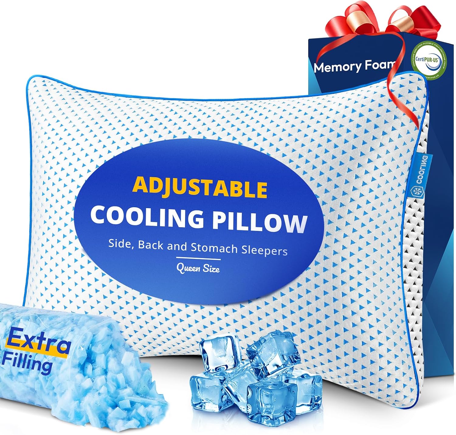 Adjustable Cooling Gel Memory Foam Pillow Queen Size for Sleeping Set of 1 | Breathable, Shredded Foam Bed Pillow for Side, Back, Stomach & Hot Sleepers, Soft Yet Support Firm, CertiPUR-US, College Dorm