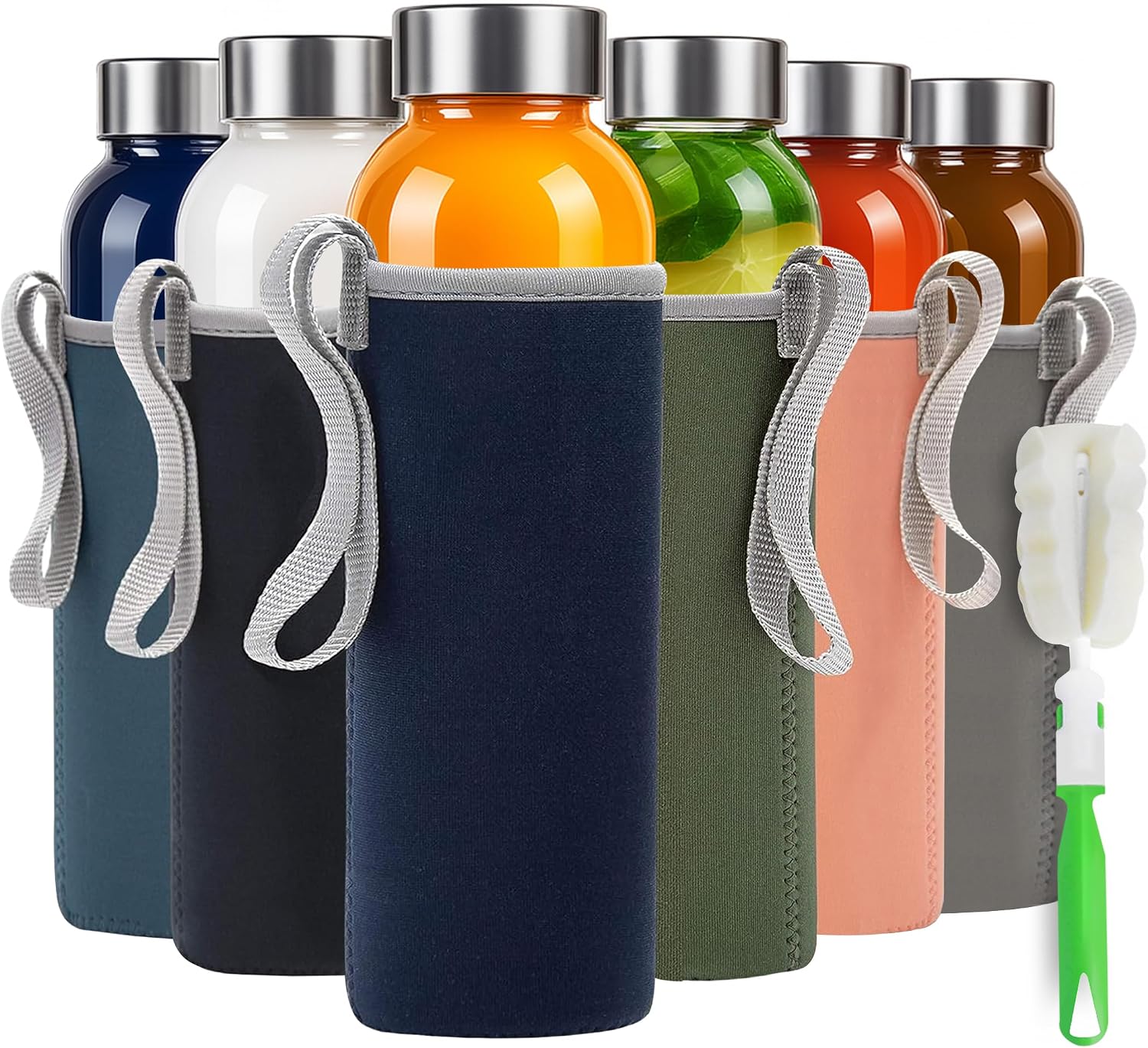 Epica Clear Glass Bottles with Lids, 18 oz Water Bottles, with sleeves | Reusable Travel-Friendly Juice bottles Rust-Resistant Durable Glass Stainless steel Air and Water Tight Lids 100% Leak Proof