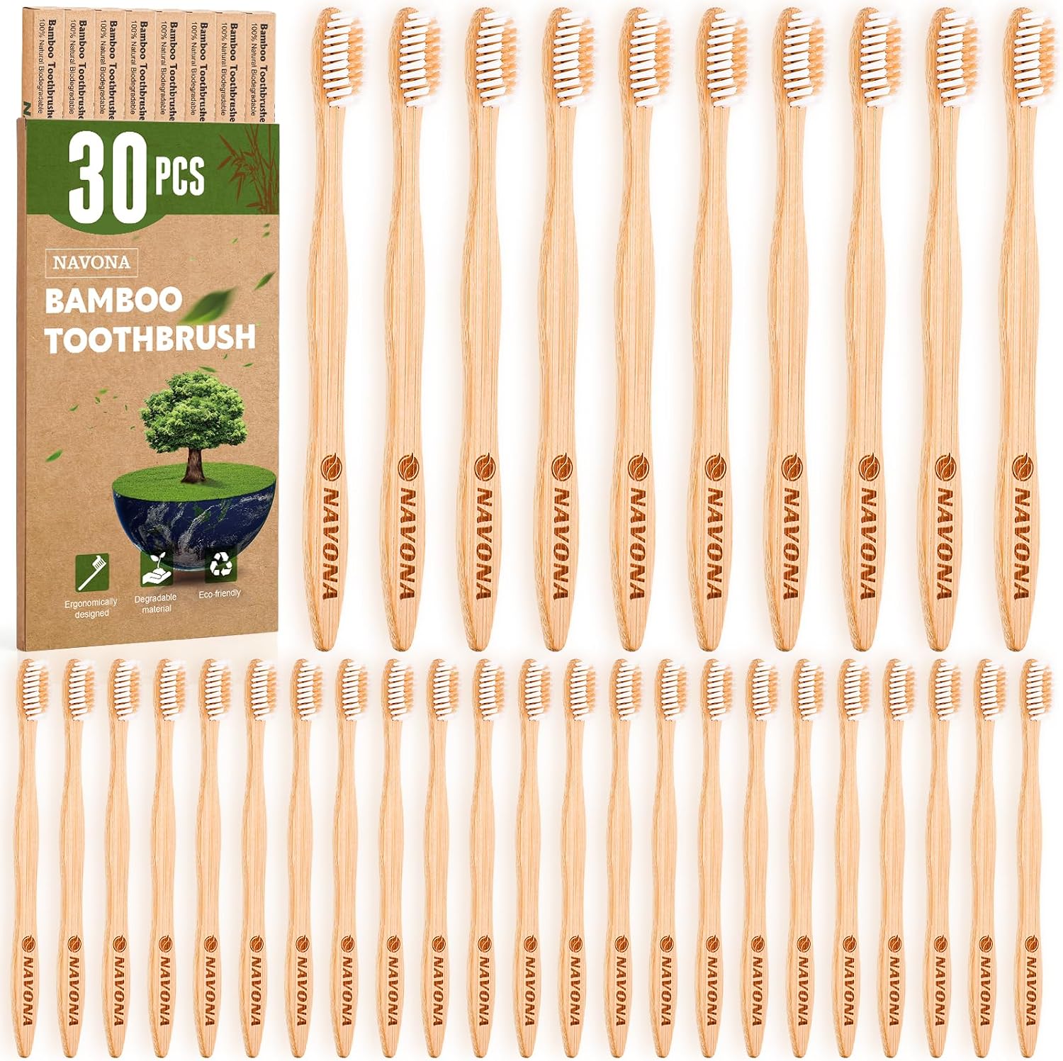 30 PCS Bamboo Toothbrushes Pack, Natural & Eco-Friendly Wooden Toothbrush | BPA Free Medium Soft Bristles Toothbrushes for Adults, Biodegradable Bamboo Handle